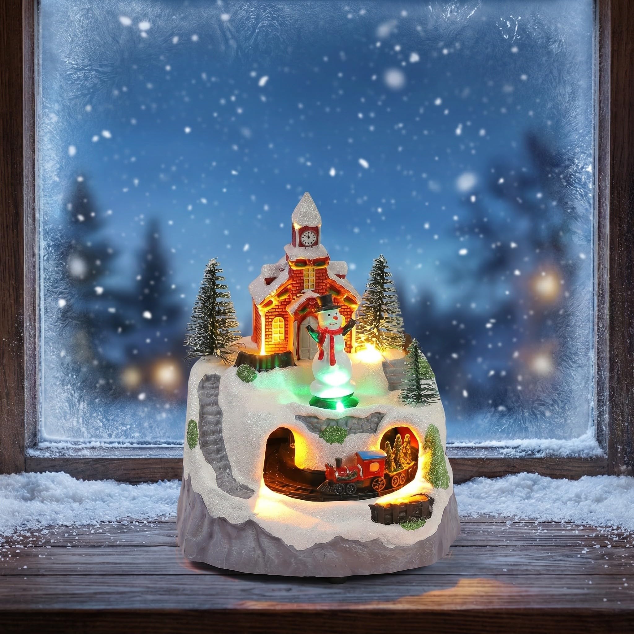 Operitacx Casa de Pueblo navideño con Tren en Movimiento, Figura de muñeco de Nieve iluminada con villancicos, construcción Coleccionable de Invierno para decoración del hogar, Centro de Mesa.