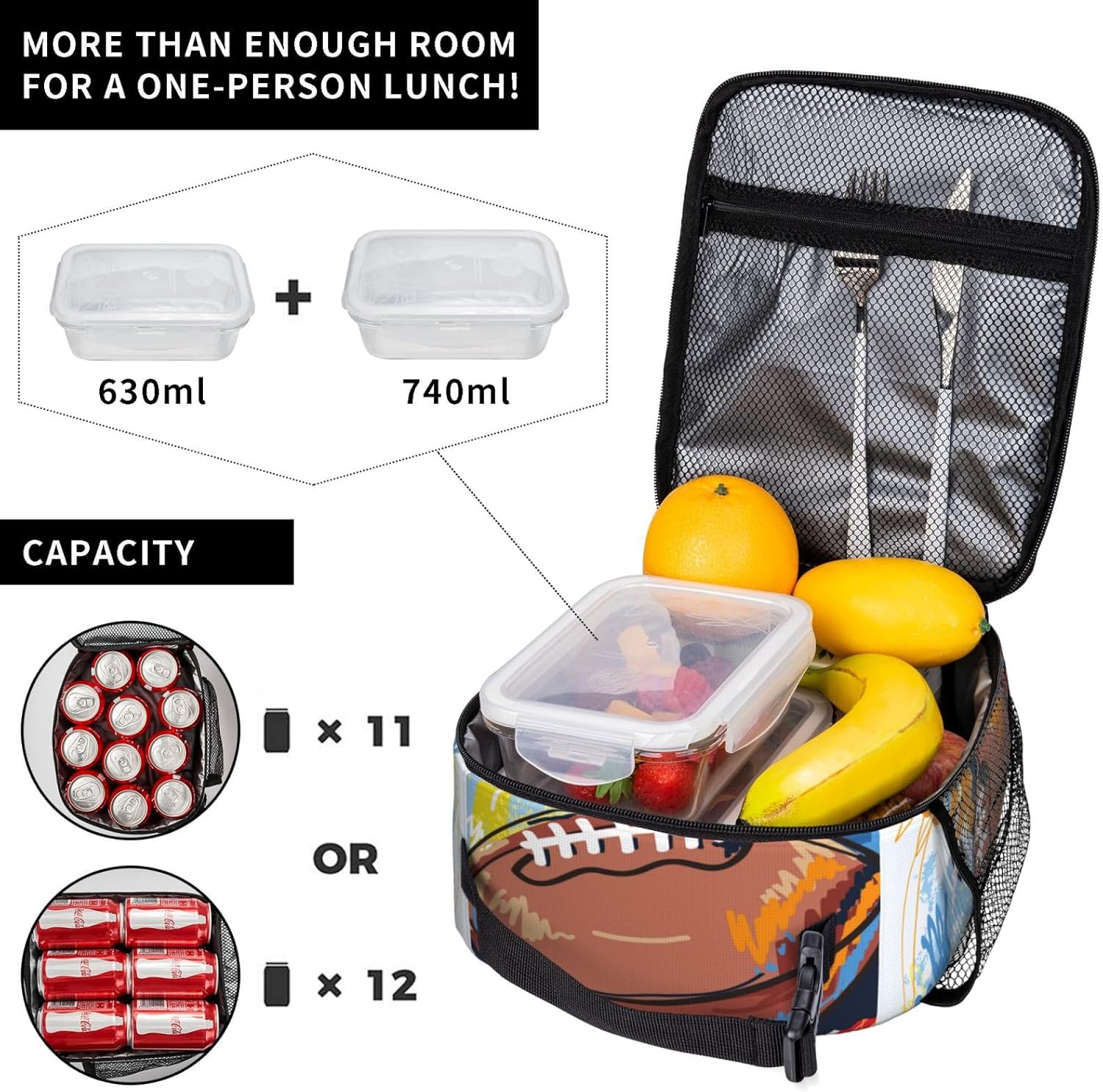 American Football Lunch Box Boys Girls Insulated Lunch Bag Reusable Lunchbox with Side Pocket, Rugby Lunch Box for Girls Boys, Waterproof Lunch Tote Bag for Women Men Kids Work Office School Picnic - Image 5