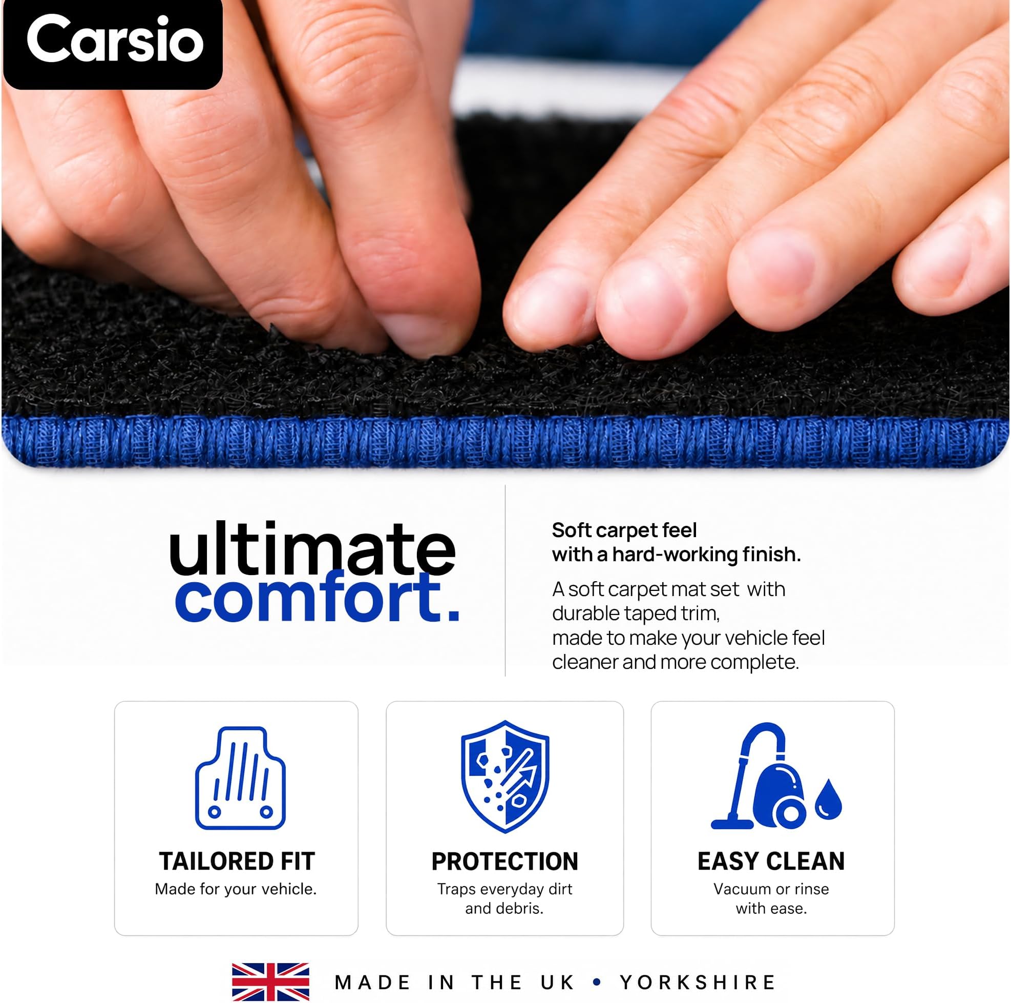 car mats for Ford Mustang 2015 Onwards 4 Piece Set Car Mats UK-Made Tailored Fit Carpet Floor Mats Full Coverage Blue Trim