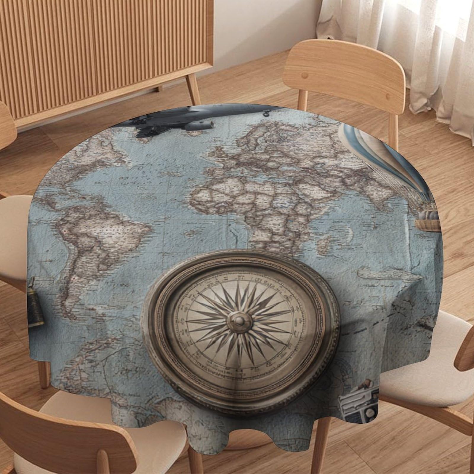 LUYYSKY Beautiful Rustic Antique Map Round Tablecloth Modern Abstract Airplane Hot Air Balloon Cameras Print Washable Decor for Table Cover for Kitchen-177.8" Wx177.8 L cm