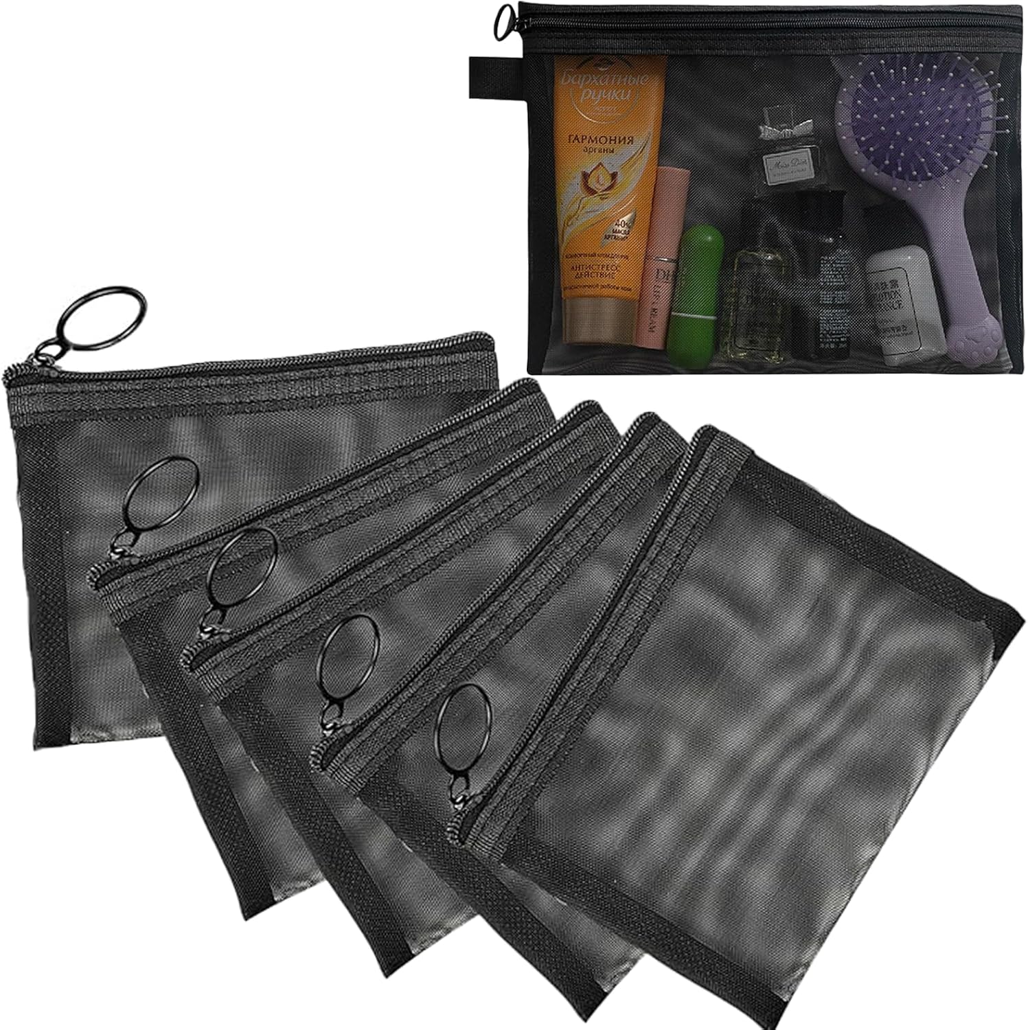 HIHIDAY 6PCS Nylon Mesh Zipper Pouch Bags,Mesh Makeup Bag with Zipper Small Travel Kit,Travel Toiletry Kit Set Storage Case Beauty Makeup Cosmetic Accessories Organizer for Women and Men (BLACK)