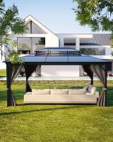 GAOMON 10x13 Hardtop Gazebo with Double Polycarbonate Roof, Aluminum Frame, Curtains & Mosquito Net - Gray Permanent Patio Shelter