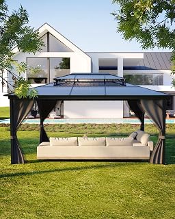 GAOMON 10x13 Hardtop Gazebo with Double Polycarbonate Roof, Aluminum Frame, Curtains & Mosquito Net - Gray Permanent Patio Shelter