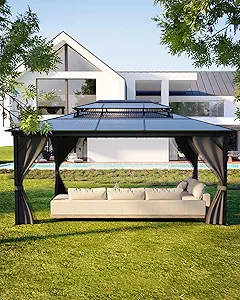GarveeLife 10 ft x 12 ft Hardtop Gazebo for All Weather with Double Polycarbonate Roof, Aluminum Alloy Frame, Net, and Curtains
