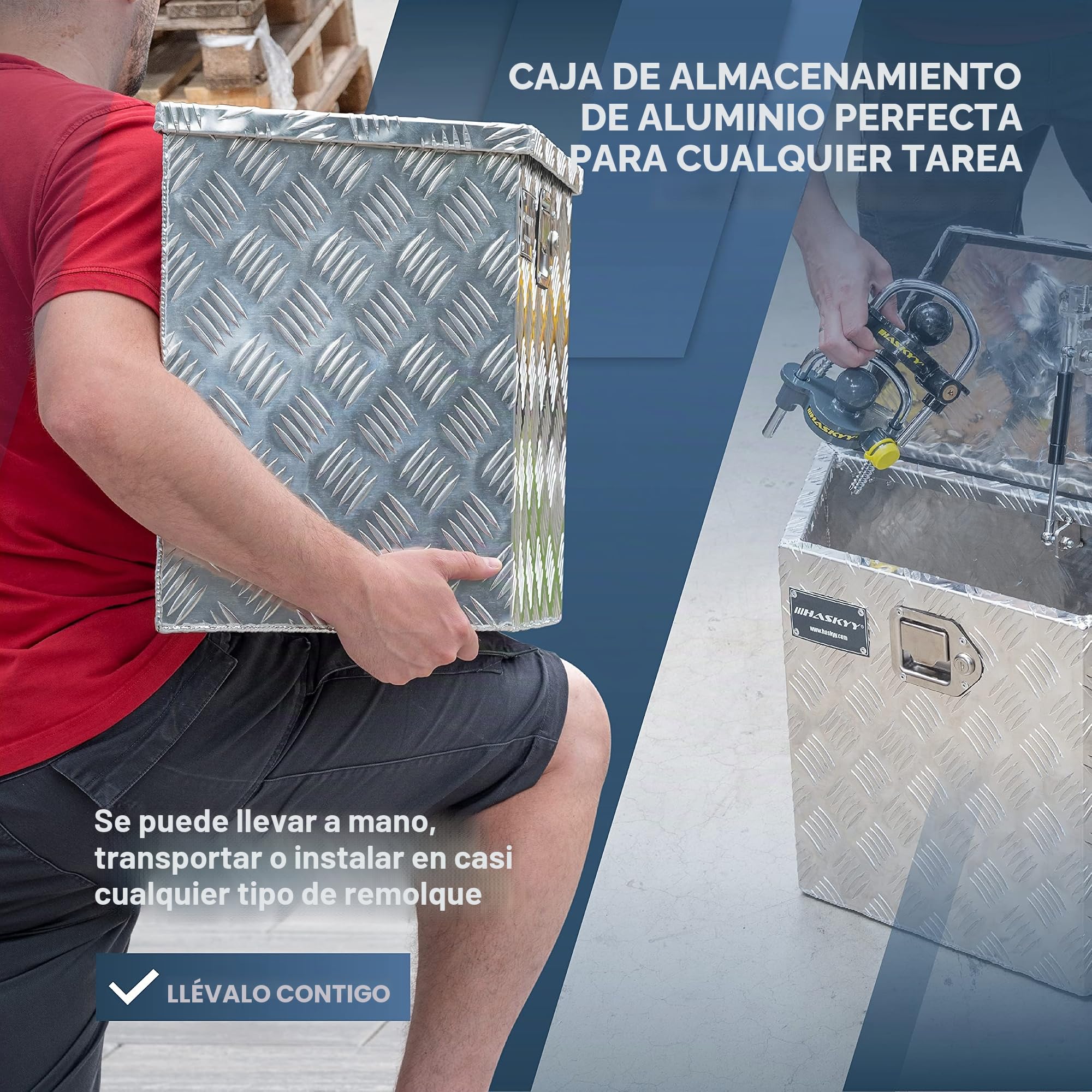 HASKYY Caja de transporte Caja de Herramientas de aluminio 61 L trapecio Caja de remolque 700 x 285 x 420 mm asa Lateral y Llaves Seguridad, a Remolque, Camioneta, Autocaravana