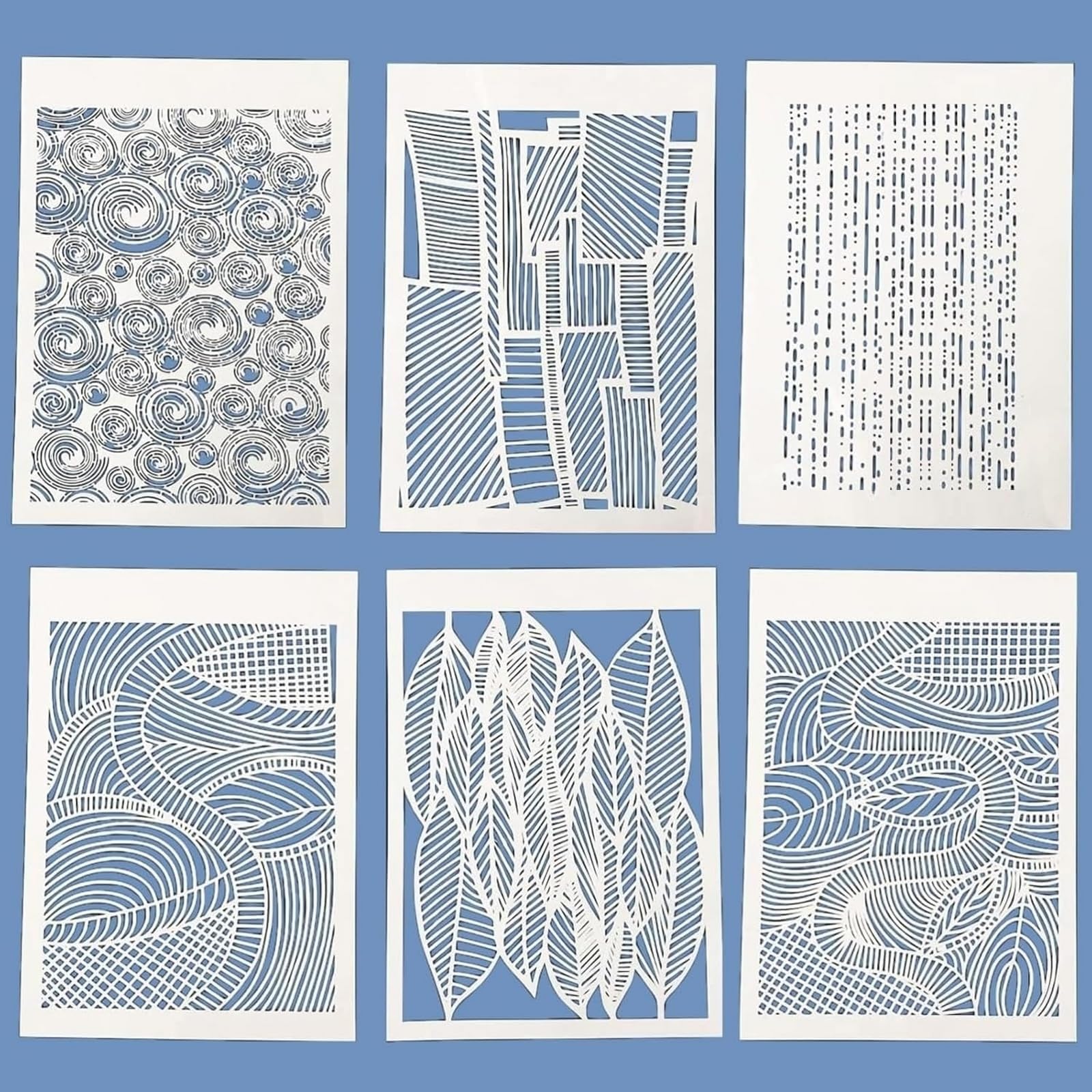 TIAMECH 6 Pcs A4 Reusable Geometric Stencils for Painting - Hollow Leaves & Abstract Curve Lines Texture Layering Templates, DIY Wall Art, Furniture, Scrapbook & Crafts