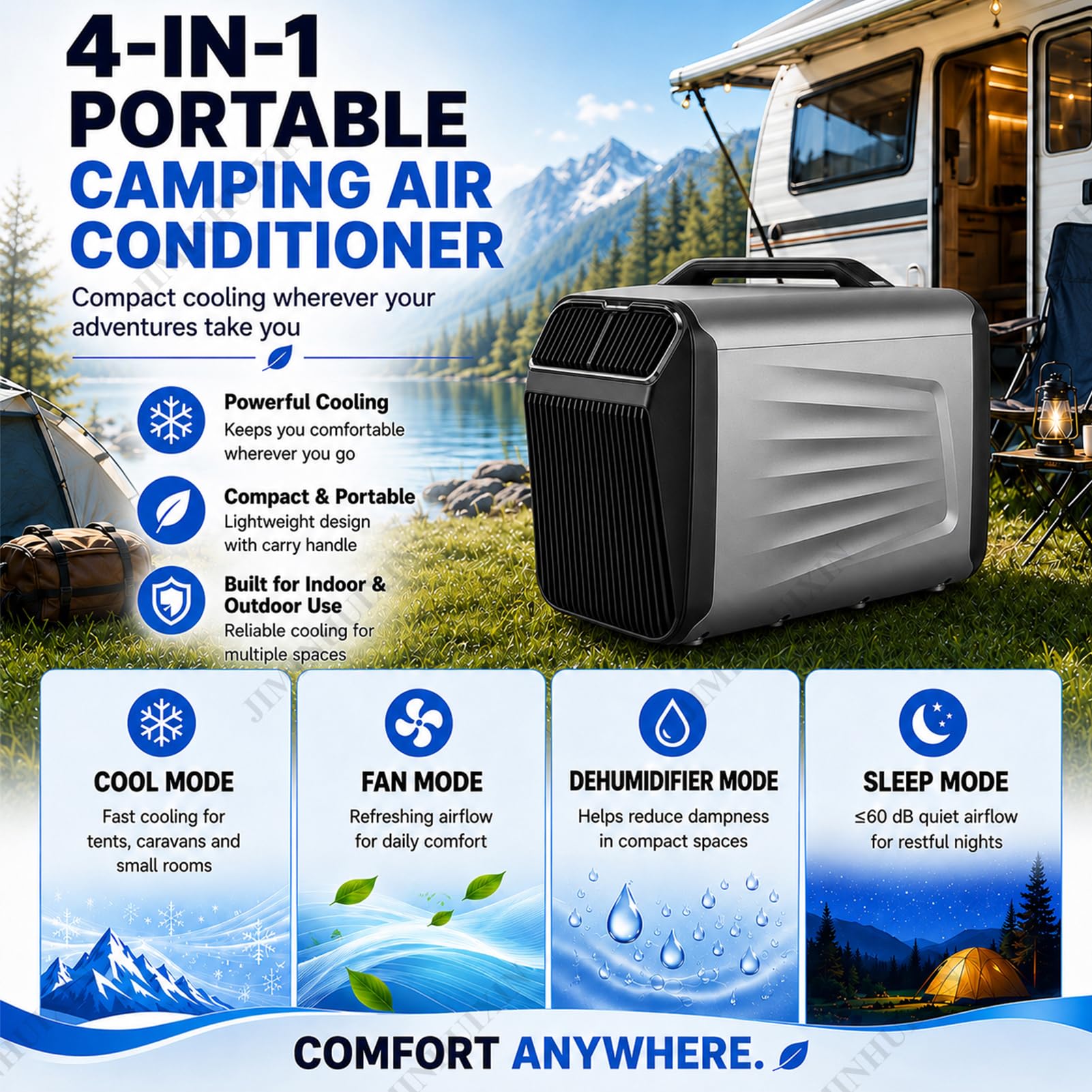 Condizionatore Portatile da Camper 12V/24V/220V (Grigio, 12V+220V) | 5200 BTU 400W Climatizzatore per Tenda, Basso Consumo, 4-in-1 Raffreddamento Deumidificazione Ventola Sleep,per Campeggio van