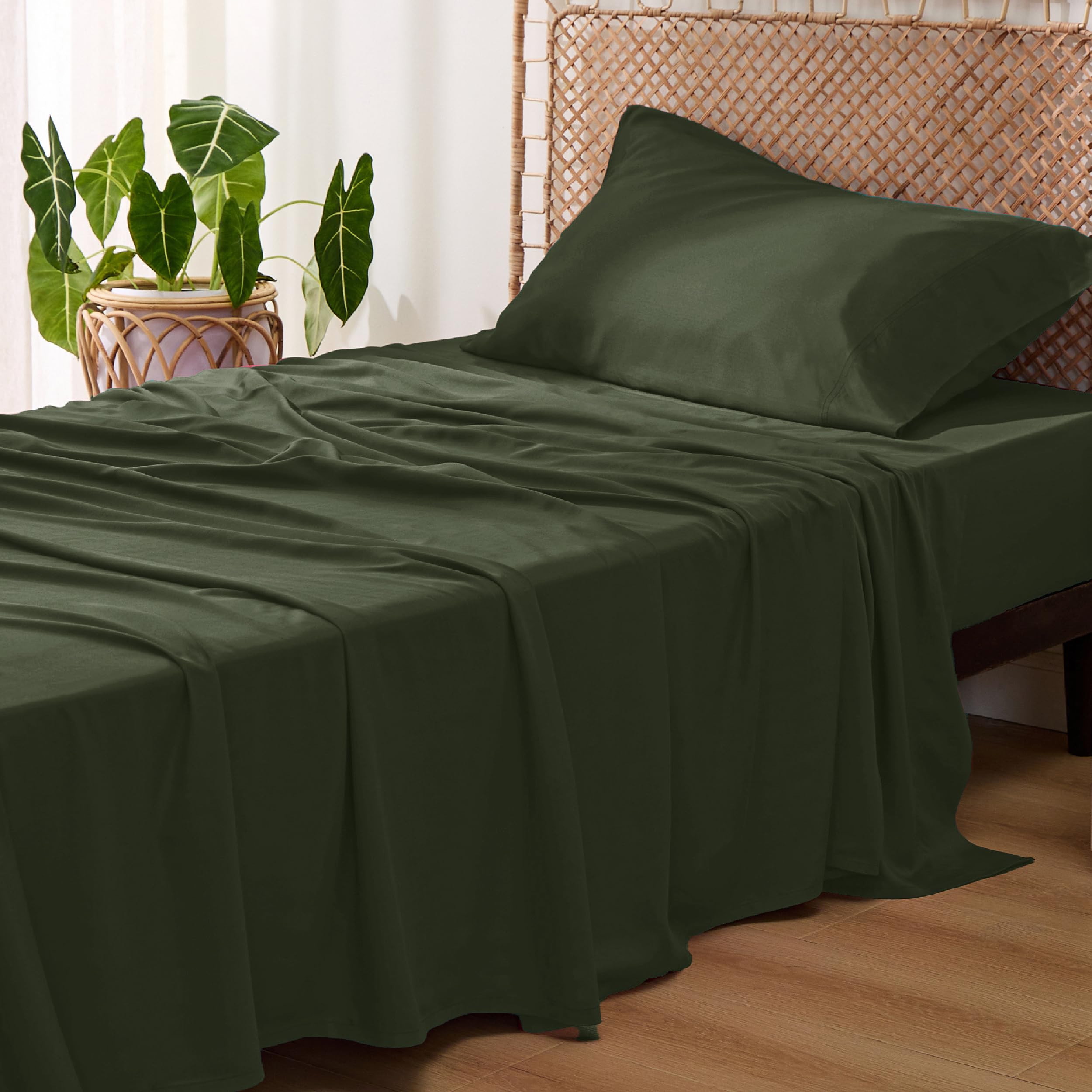 Bedsure Cooling Sheets Twin, Rayon Derived from Bamboo, Breathable & Soft Twin Sheets Set, Deep Pocket Up to 16 Inches, Hotel Luxury Silky Bedding for Hot Sleepers, Olive Green