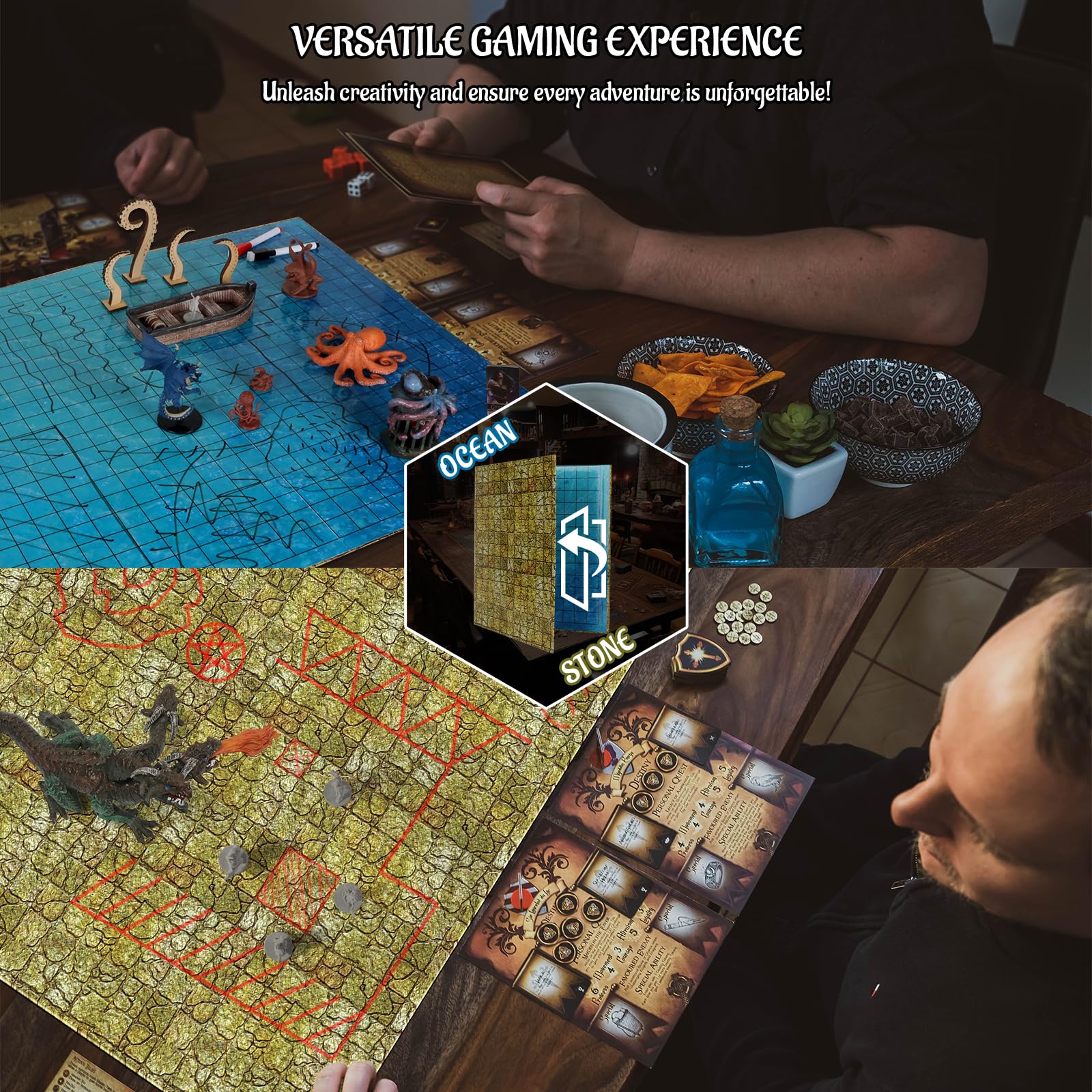 CZYY DND Foldable Mat Dry Erase TTRPG Map Ocean & Stone TwoSided Cardboard