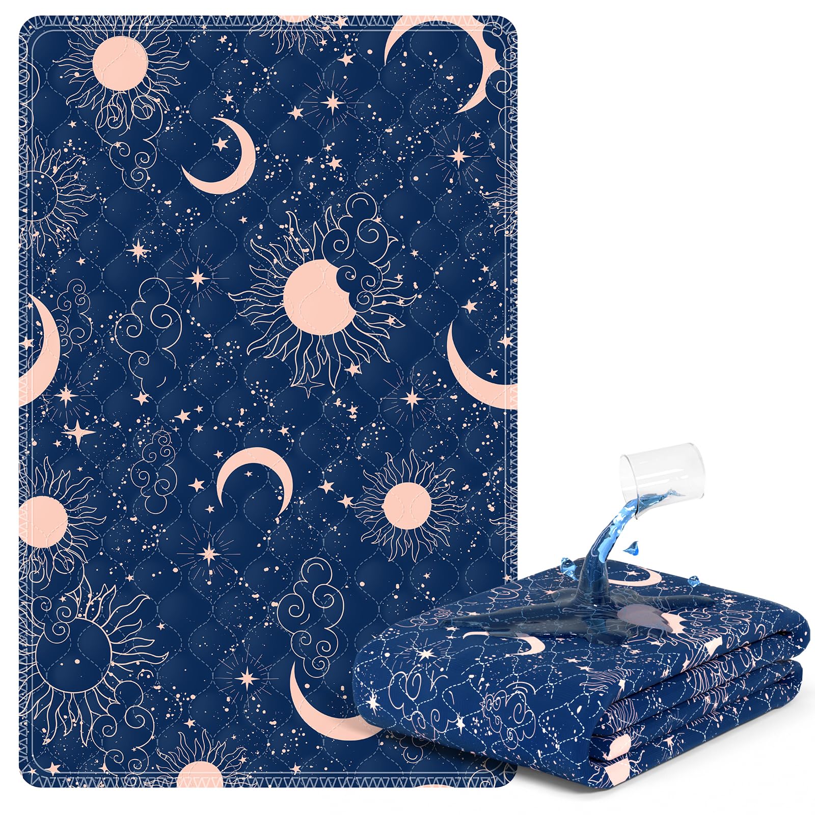 MILDPLUS Almohadillas de cama lavables con estampado gráfico único, protector de colchón impermeable para adultos (34 x 52 pulgadas, azul marino)