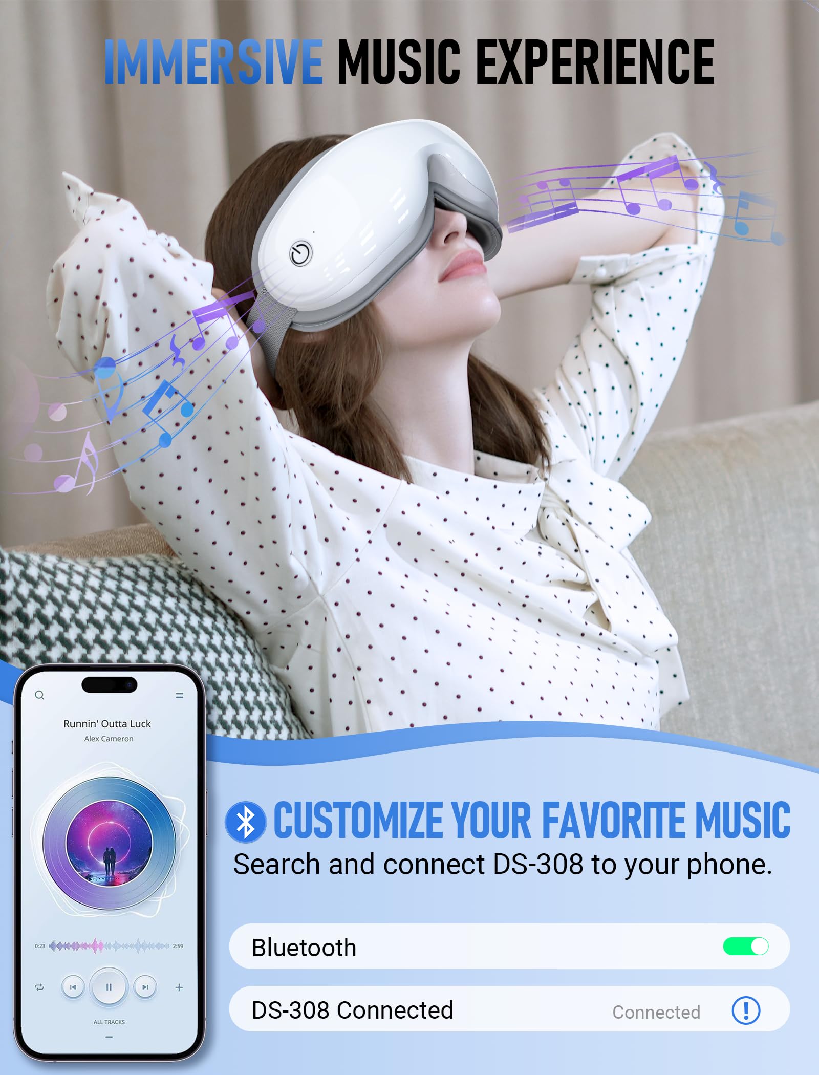 Masseur des yeux avec musique Bluetooth, chauffage et vibrations - Masque de massage sans fil pour soulager les yeux secs, la fatigue oculaire et les maux de tête, favoriser le sommeil