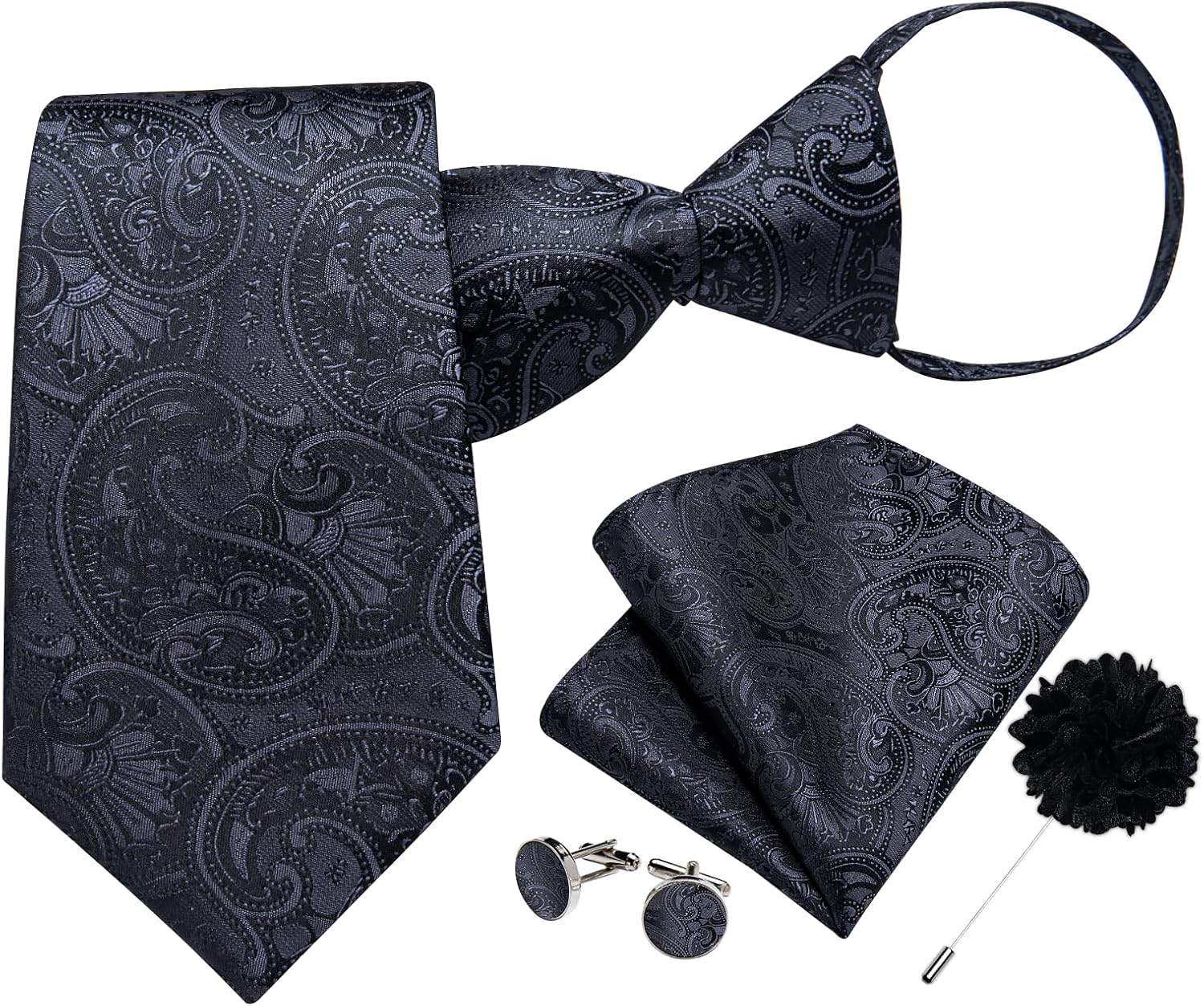 DiBanGu Mens Zipper Tie,Silk Paisley Solid Plaid Pre-tied Tie and Pocket Square Set Formal Adjustable Necktie with Lapel Pin