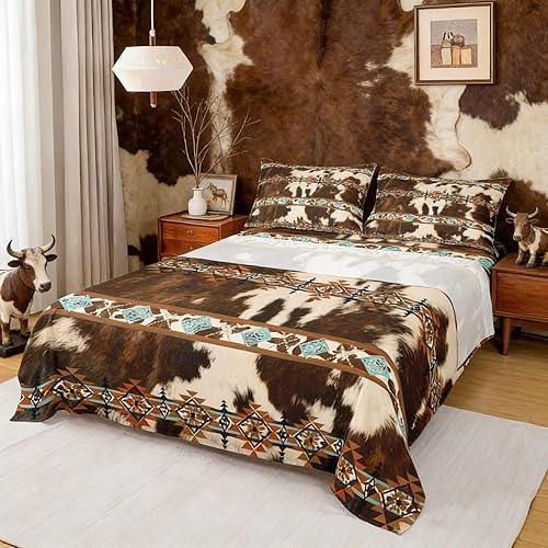 Erosebridal Juego de sábanas de cuero de vaca, sábanas bajeras con estampado de vaca marrón, sábana encimera de tribu azteca con diamantes exóticos,