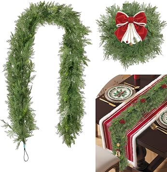 7FT Real Touch Cedar Garland Artificial Christmas Garland Green Faux Thick and Lush Pine Needles Garlands for Table Fireplace Mantle Holiday Home Indoor Outdoor Decor