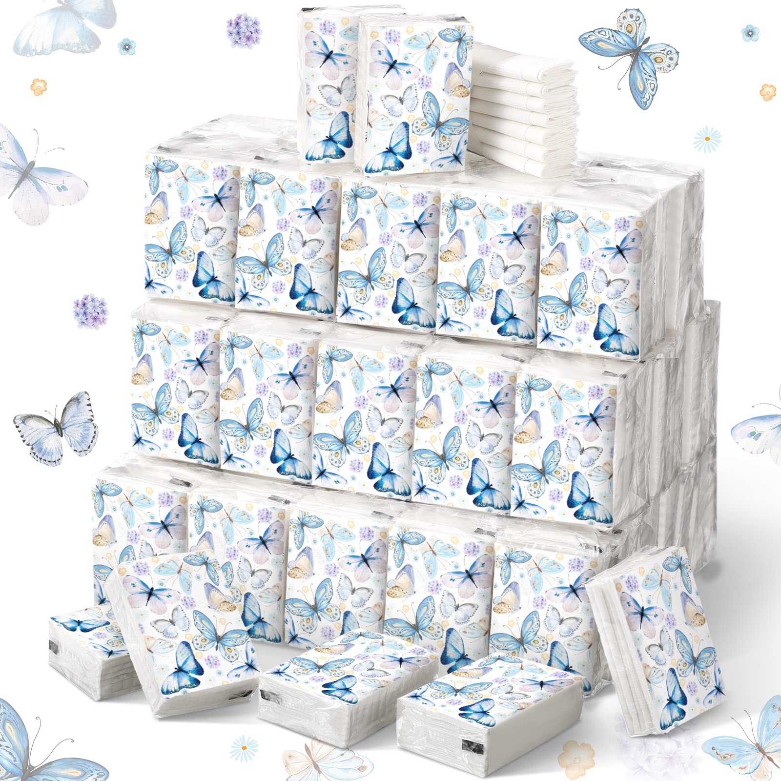 Jutom 100 Pack Butterfly Pocket Tissues 3 Ply Travel Size Paper Facial Tissues Bulk Mini Tissues Packs with Butterfly Flower Small Wedding Tissues Packs for Guests Daily Travel Graduation Party