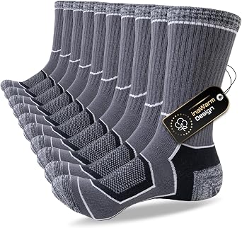 Mens Socks, Breathable and Moisture Wicking Outdoor Performance Hiking Socks, Thick Cushioned Anti-Blister Crew Sock for Athletic, Work, Sports, Trekking, Walking, 5 Pairs