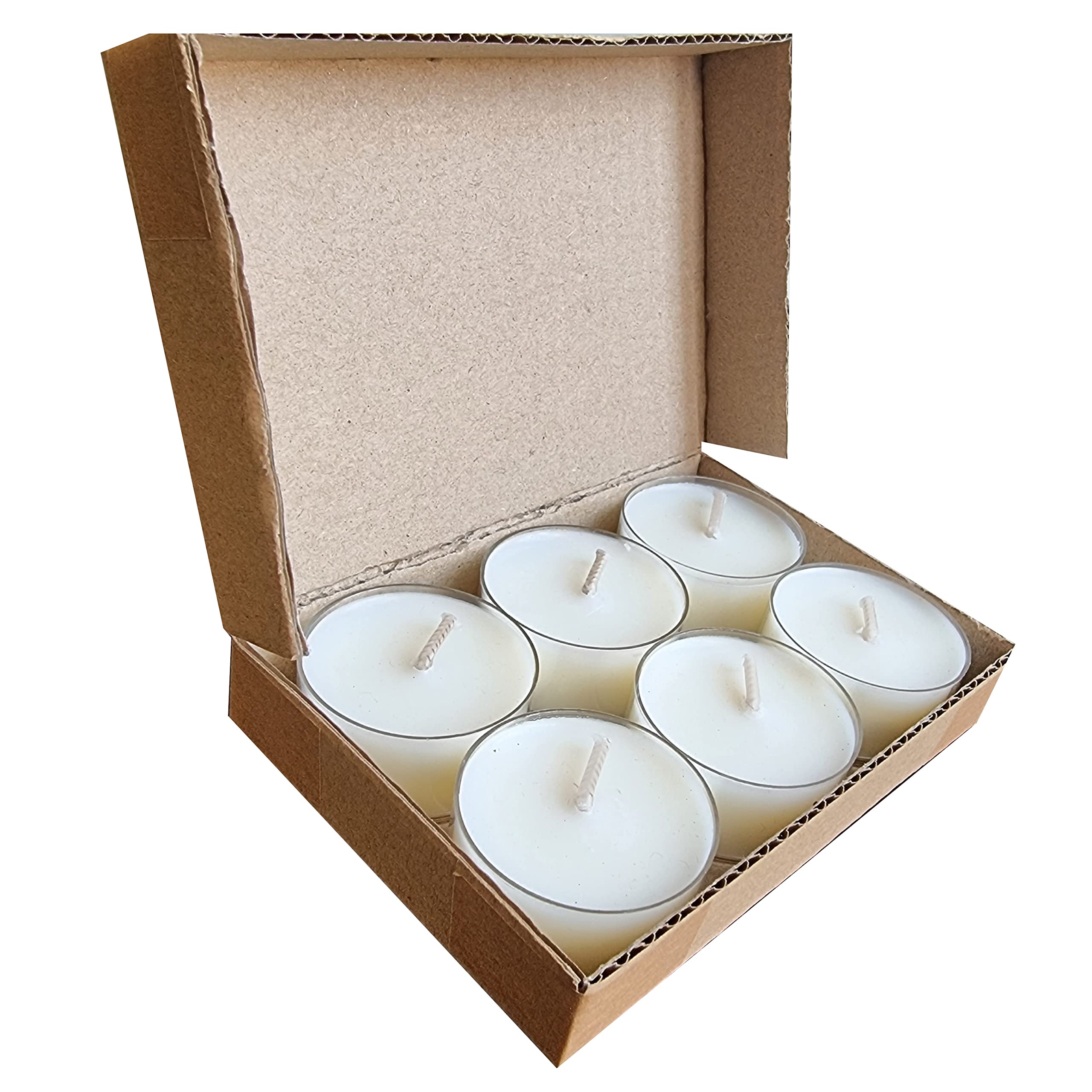 6 Natural Unscented 100% Vegetable Soy Wax Tealight Candles Minimum 4 Hours Burn Time Paraffin-Free Non-Toxic Vegan Tealights in Clear Cup for Oil Burner & Wax Melter