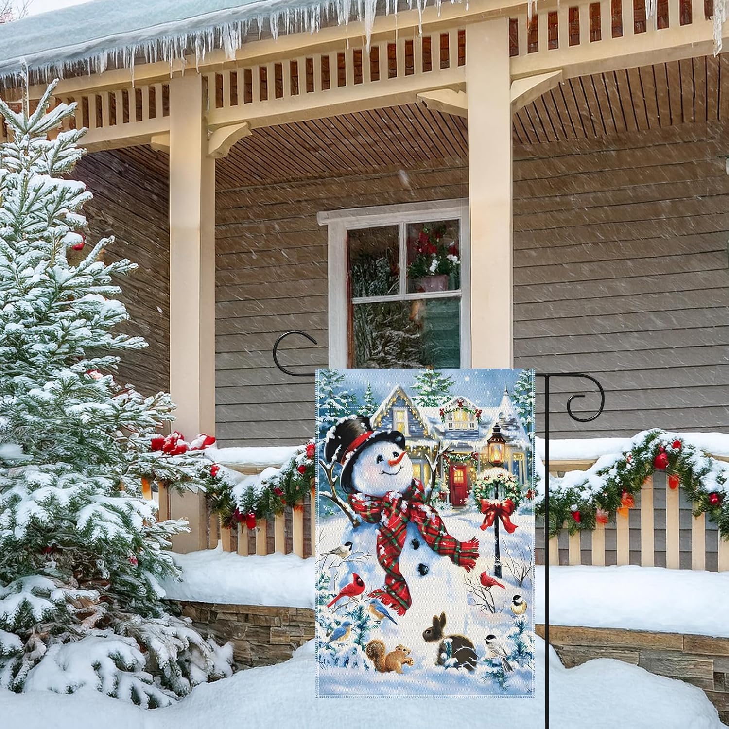12 x 18 Inches Christmas Snowman Garden Flag – Double-Sided Linen Winter Yard Flag with Snow Scene, Bunny, Birds, and Squirrel for Holiday Outdoor Decoration - Image 7