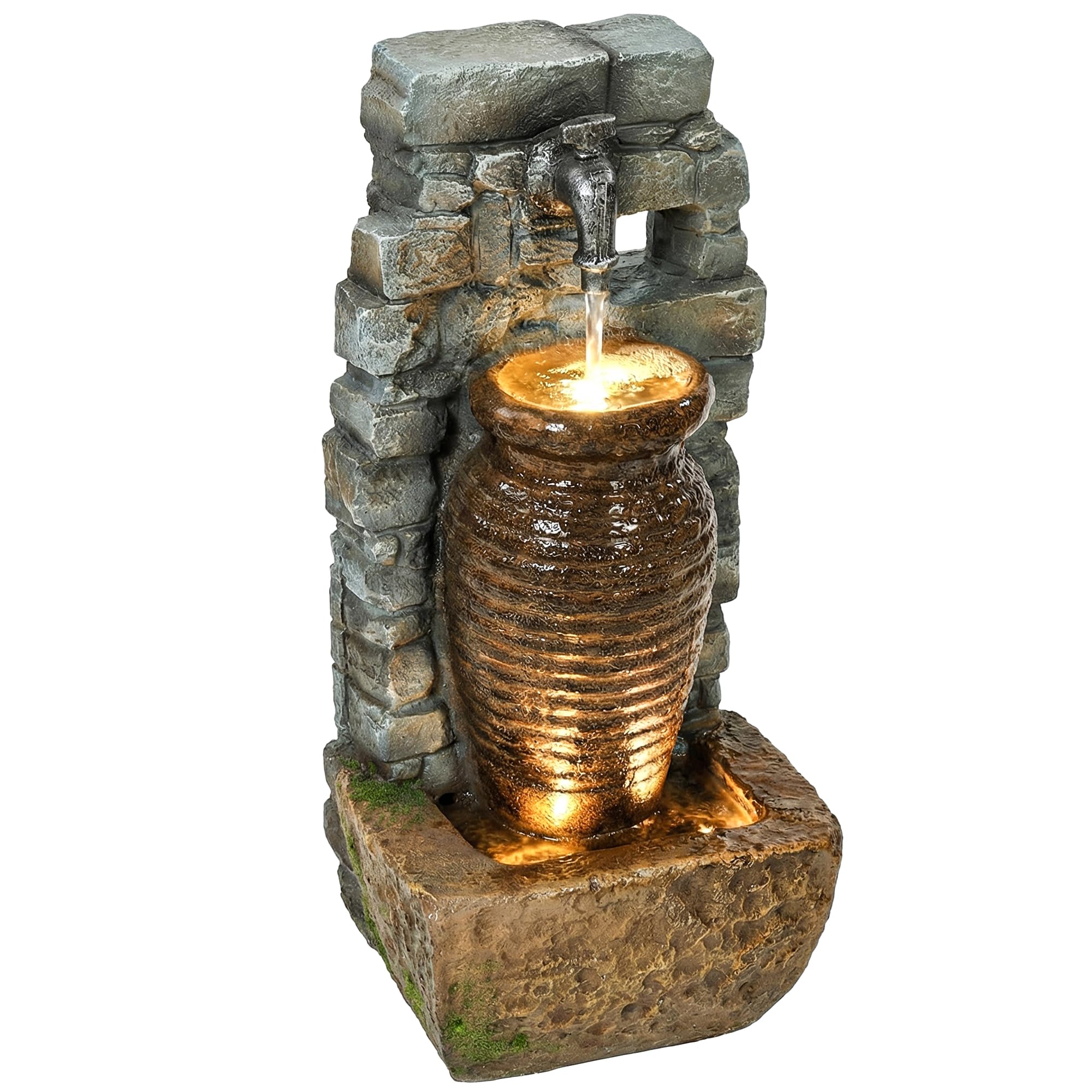 Outsunny Springbrunnen 3-stufig Gartenbrunnen mit LED Beleuchtung verstellbare Pumpe Steinwand Krugdesign, Zimmerbrunnen Wasserspiel Zierbrunnen Terrassenbrunnen für Garten Rasen 26 x 20,5 x 57 cm