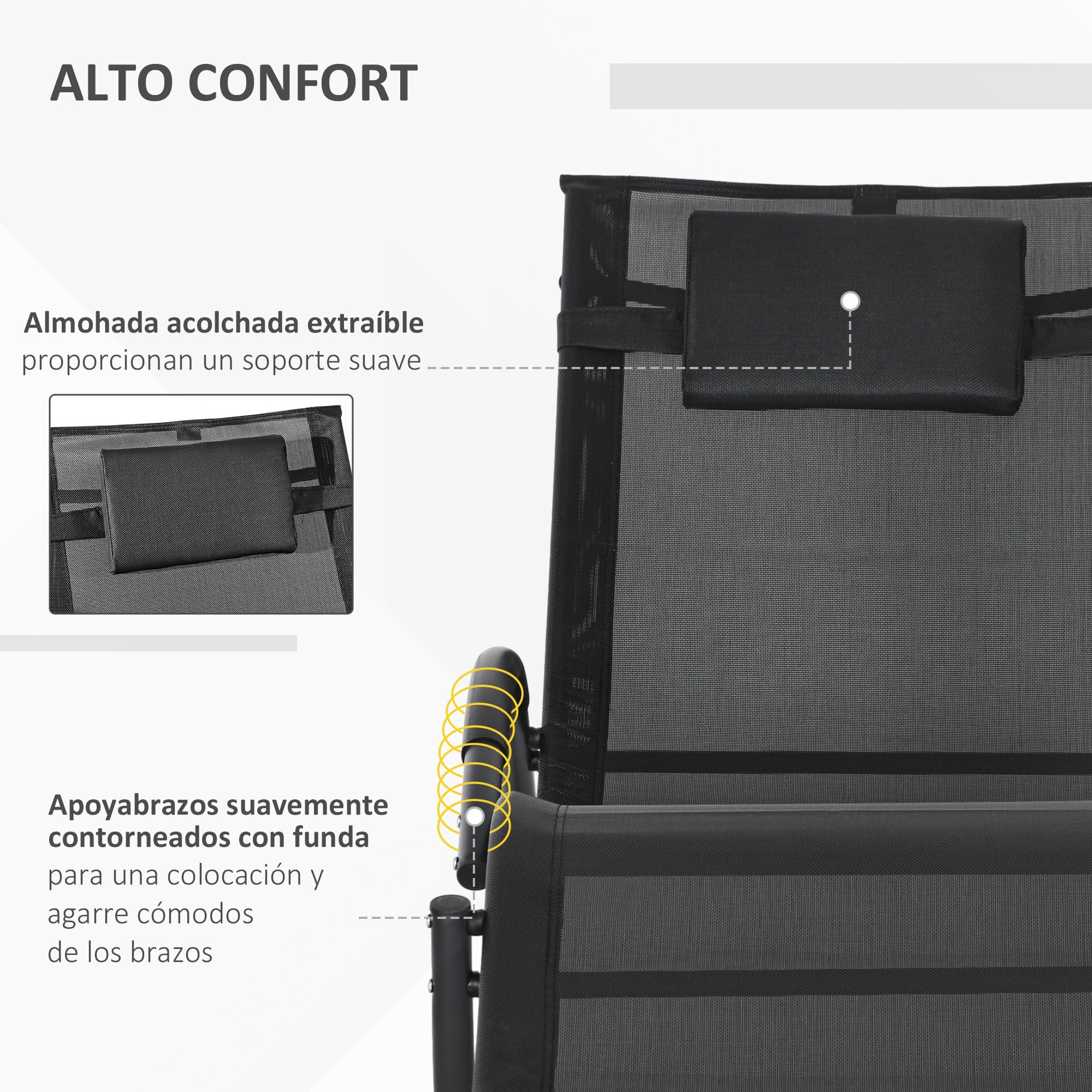 Outsunny Mecedora de Exterior Tumbona Mecedora con Reposacabezas Reposabrazos y Marco Metálico Carga 120 kg para Interior y Exterior 155x61x88 cm Negro