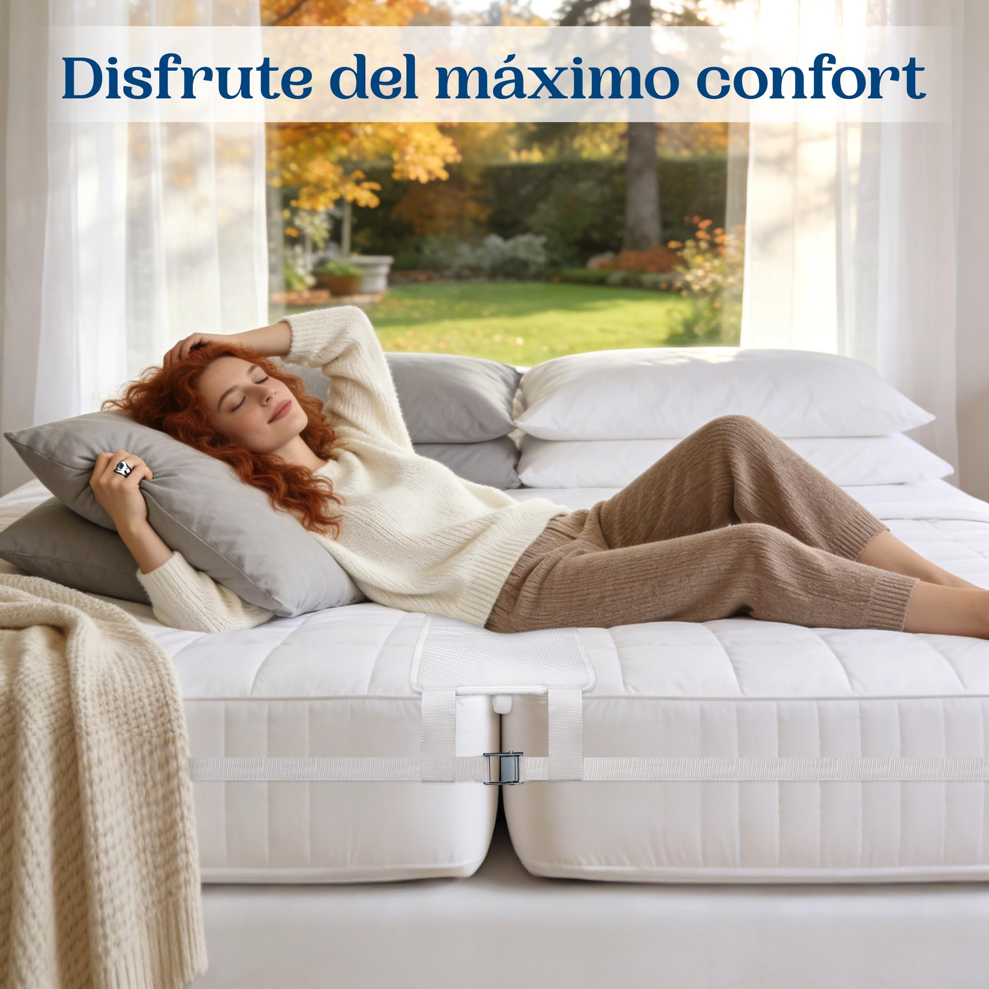 FeelAtHome Cuña de Unir Colchones - 20 cm - Puente de Convertidor de Individual a Cama de Matrimonio – Conector de Colchón y Correa de Sujeción para una Cómoda de Invitados