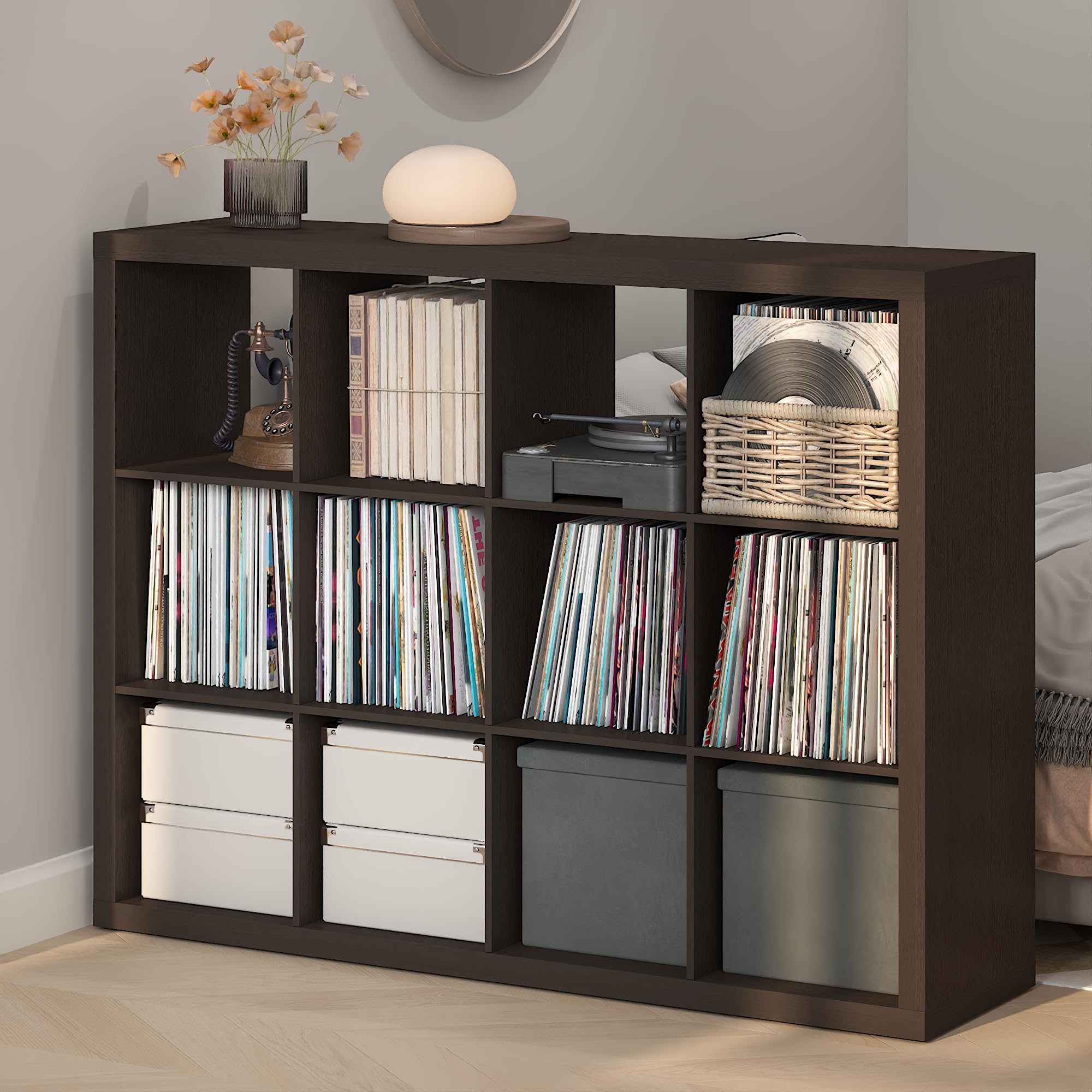 Furinno Cubicle Record Player Stand, 12-Cube Record Storage, Dark Oak