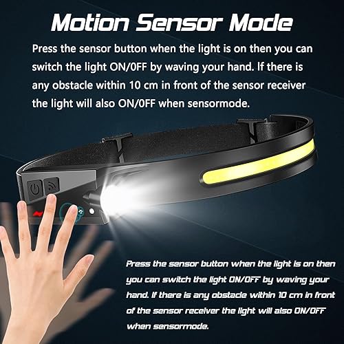 Miniatura 6 de Paquete de 8 faros delanteros recargables, linterna LED súper brillante con haz ancho de 230, sensor de movimiento, 5 modos de lámpara de cabeza