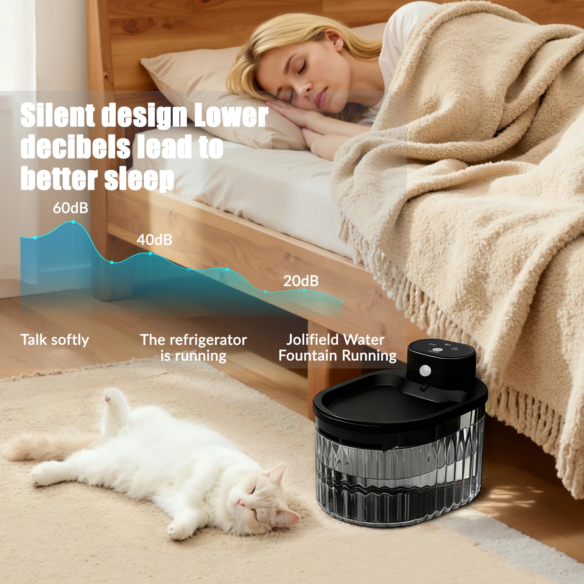 Fontana d'acqua wireless per gatti con sensore di movimento, batteria a lunga durata da 5200 mAh, 3 l, pompa ultra silenziosa, 3 filtri, erogatore automatico di acqua per animali domestici