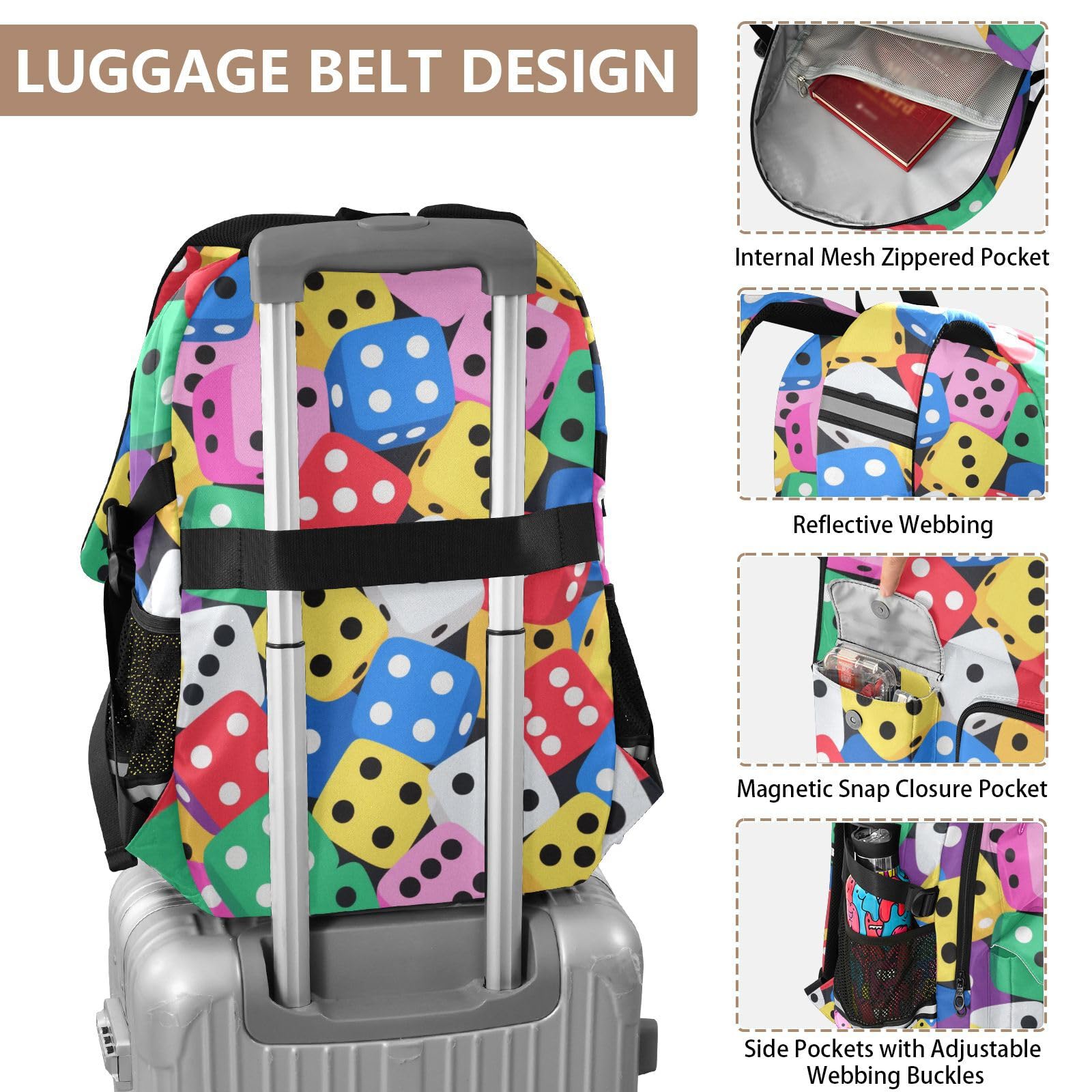 Sac à dos de voyage pour homme - Motif de dés colorés - 44,5 cm - Léger et décontracté