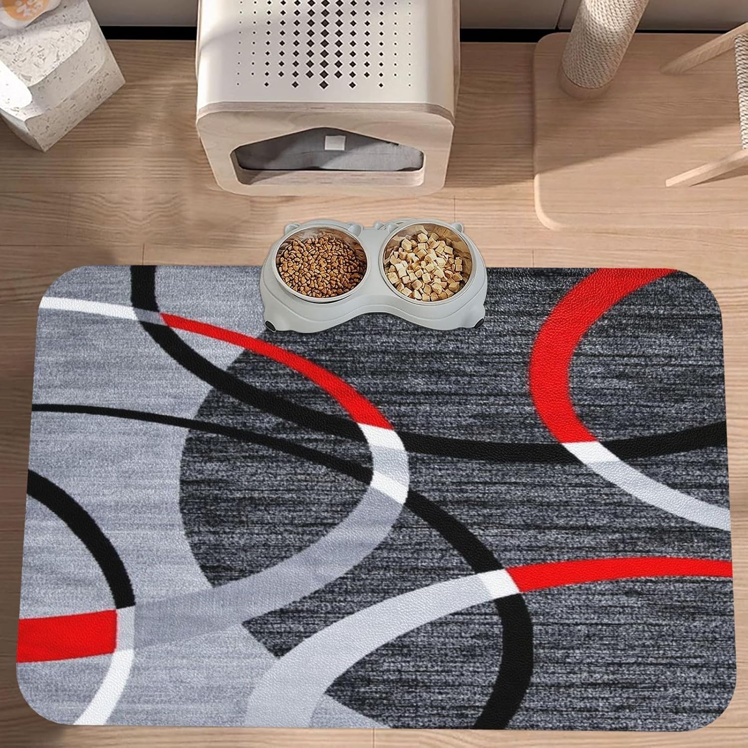 Gray Black Red White Swirl Geometric Pattern Pet Feeding Mat-Absorbent Quick Dry Pet Cat Dog Food Mat Non Slip Waterproof Rubber Dish Placemat