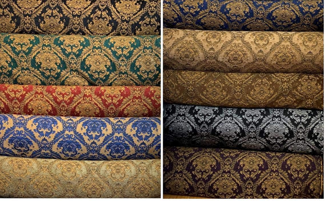 Damask Tapestry Chenille Fabric - Upholstery Fabric, 60" Width - Sold By The Yard (Olive(Sage)/Gold)