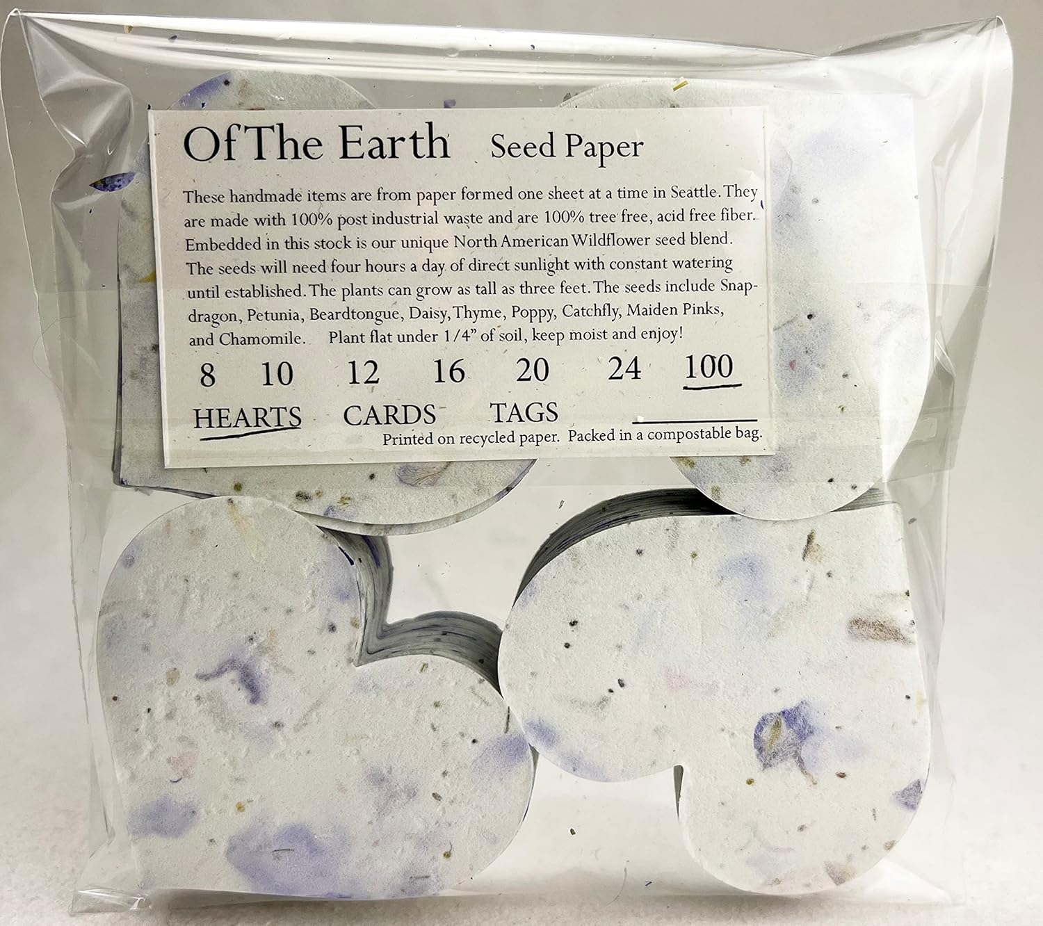 Of The Earth Handmade Paper - Wildflower Seed Paper Large Hearts - Recycled Flower Petals - Bulk Set of 100 (45s Purple Recycled)