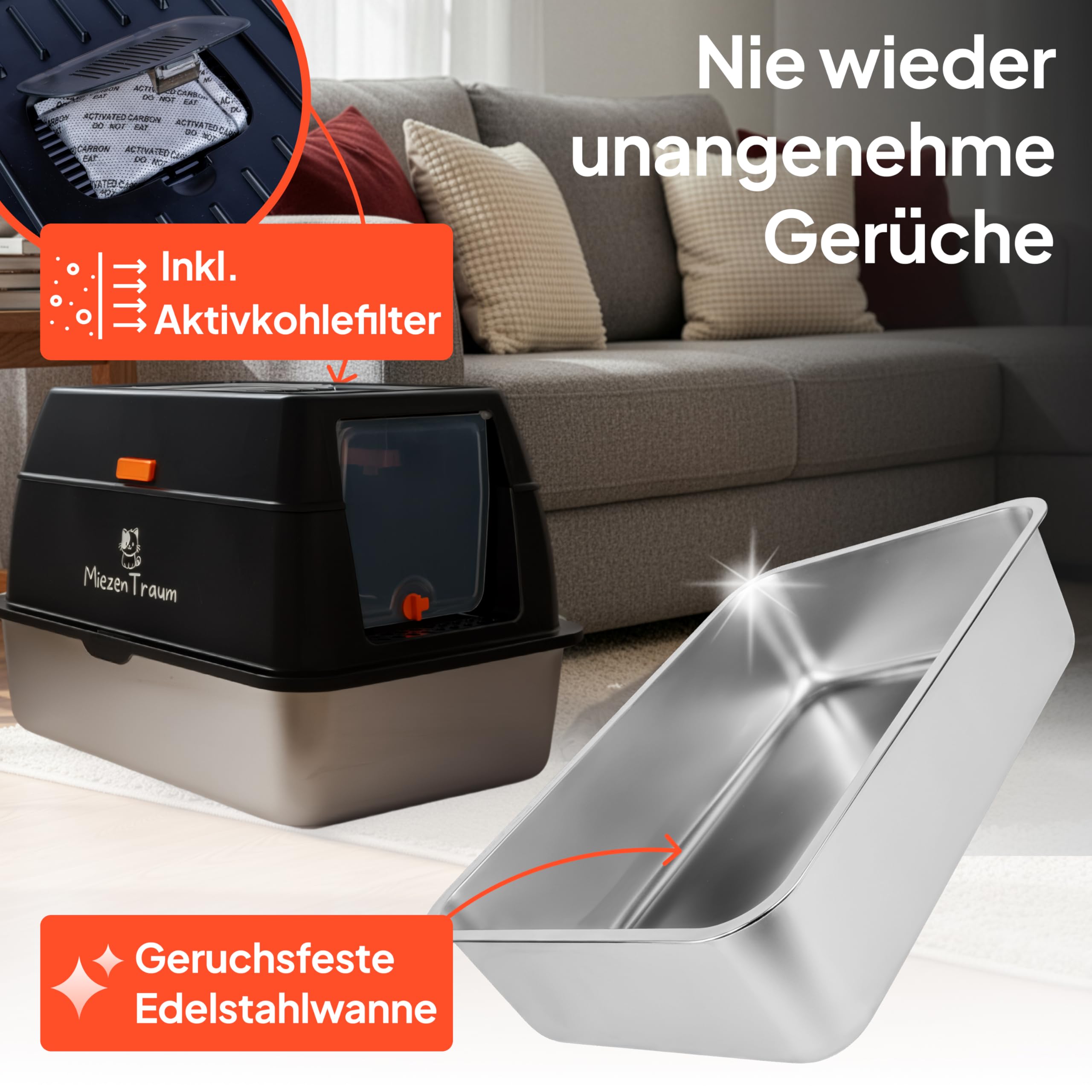 Lettiera per gatti XXL in acciaio inox, grande lettiera chiusa con coperchio, pala di alta qualità e gradino ergonomico, 3 filtri ai carboni attivi, a prova di perdite, 60 x 40 cm (nero)