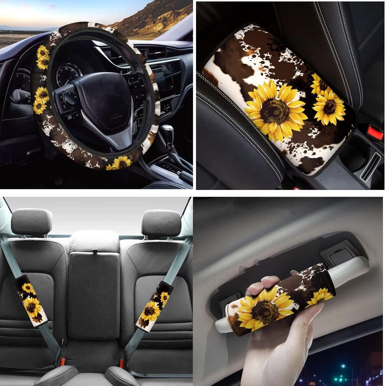 Cow Sunflower Car Seat Covers Set for Women Men, Car Seat Covers Armrest Cushion/Steering Wheel Cover/Seatbelt Pads/Shift Handbreak Cover Full Set of 14 Automotive Interior Accessory