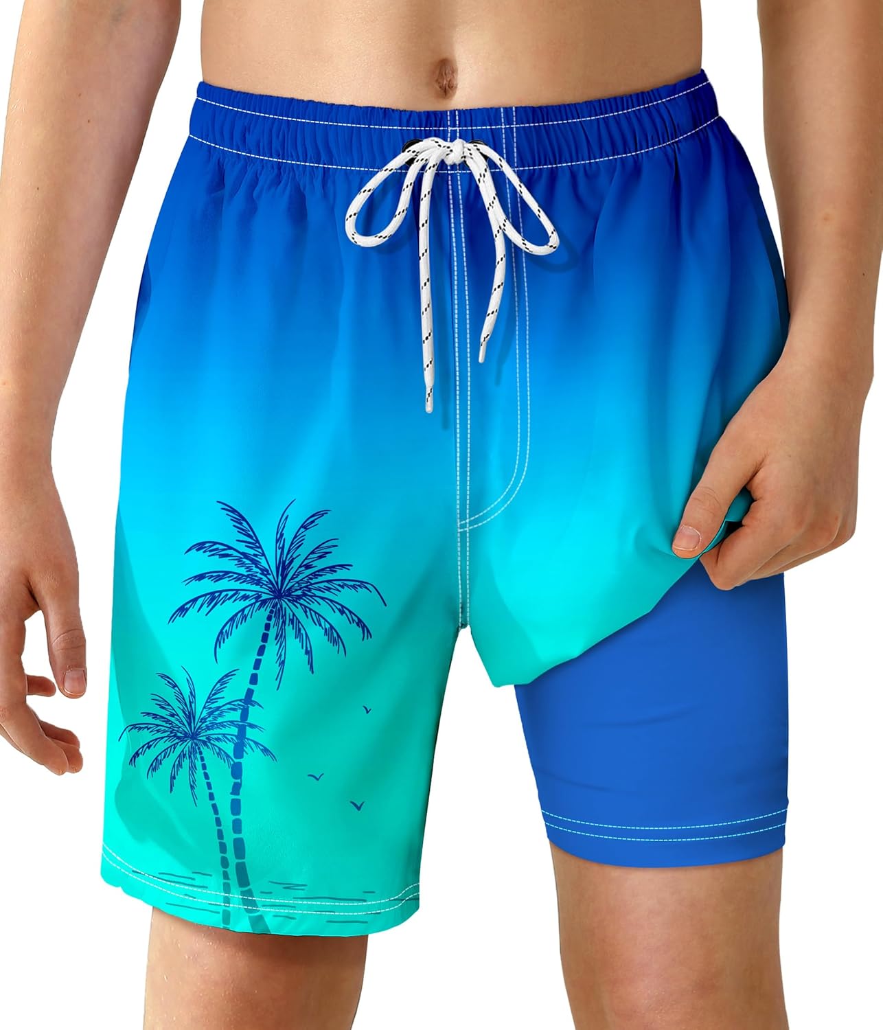 Boys Swim Trunks with Compression Liner Boys Quick Dry 2 in 1 Swim Shorts Summer Beach Shorts Blue Green