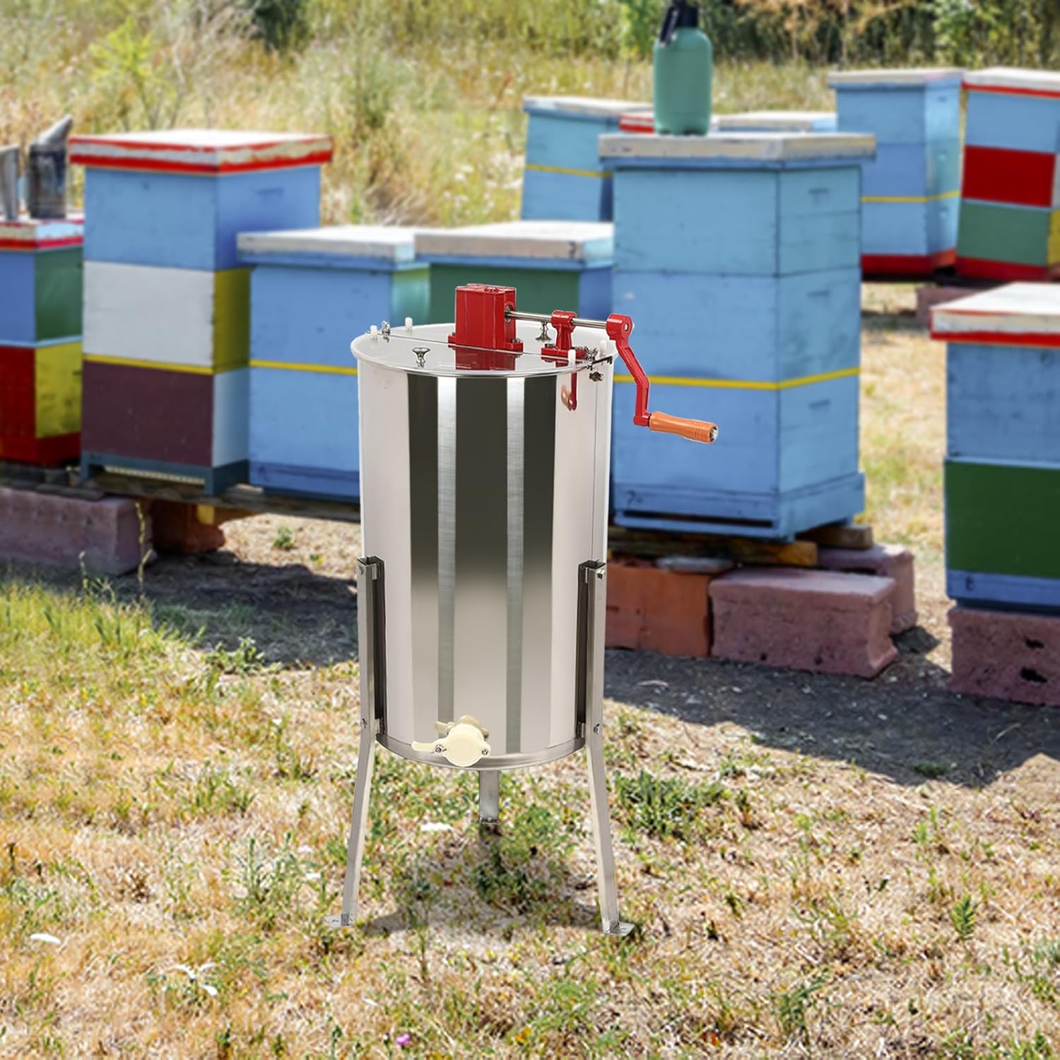 3 Frame Manual Honey Extractor, Stainless Steel Honey Spinner with Stable Triangular Leg Base for Beekeepers, Farm and Household Honey Harvesting