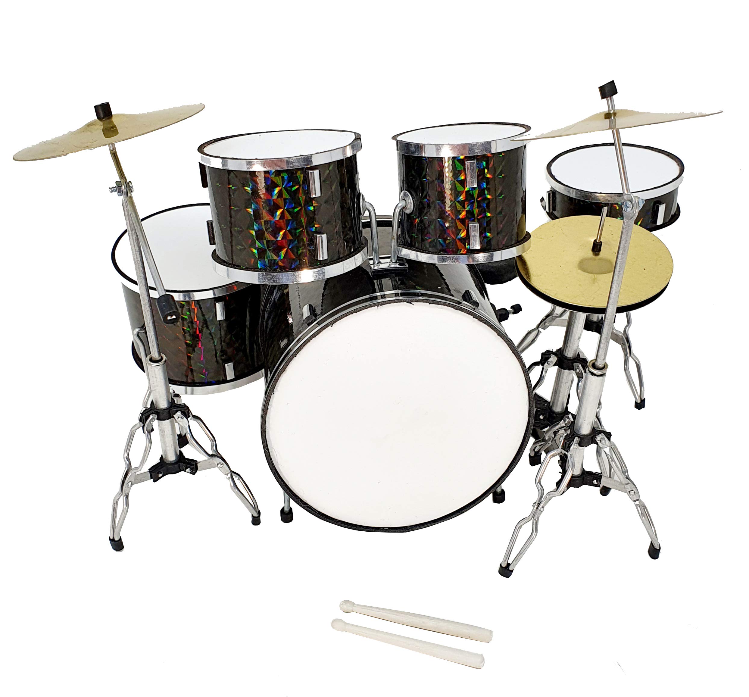 MINIATURA BATERÍA ACUSTICA NEGRO CROMADO MDR-0251 BOMBO AC-DC REGALO MUSICAL ESCALA 1:5 ROCKMUSIC