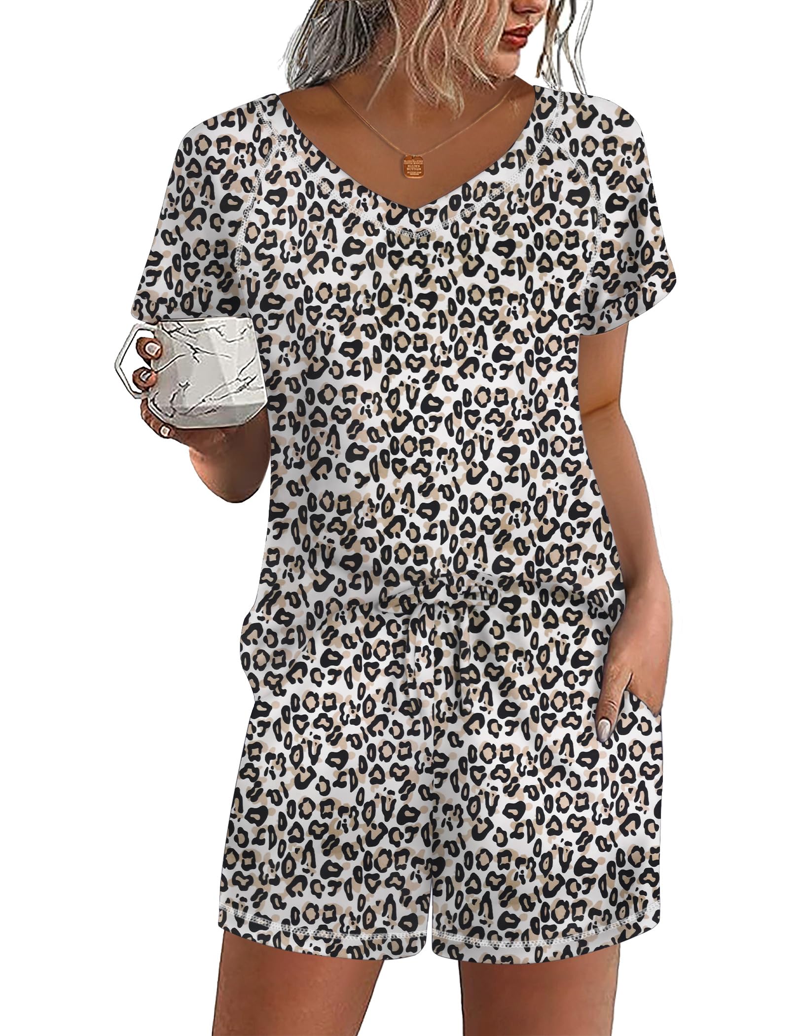 Ekouaer Womens Pajamas Short Sleeve Sleepwear 2 Piece Pj Set Casual V Neck Lounge Sets with Pockets S-XXL