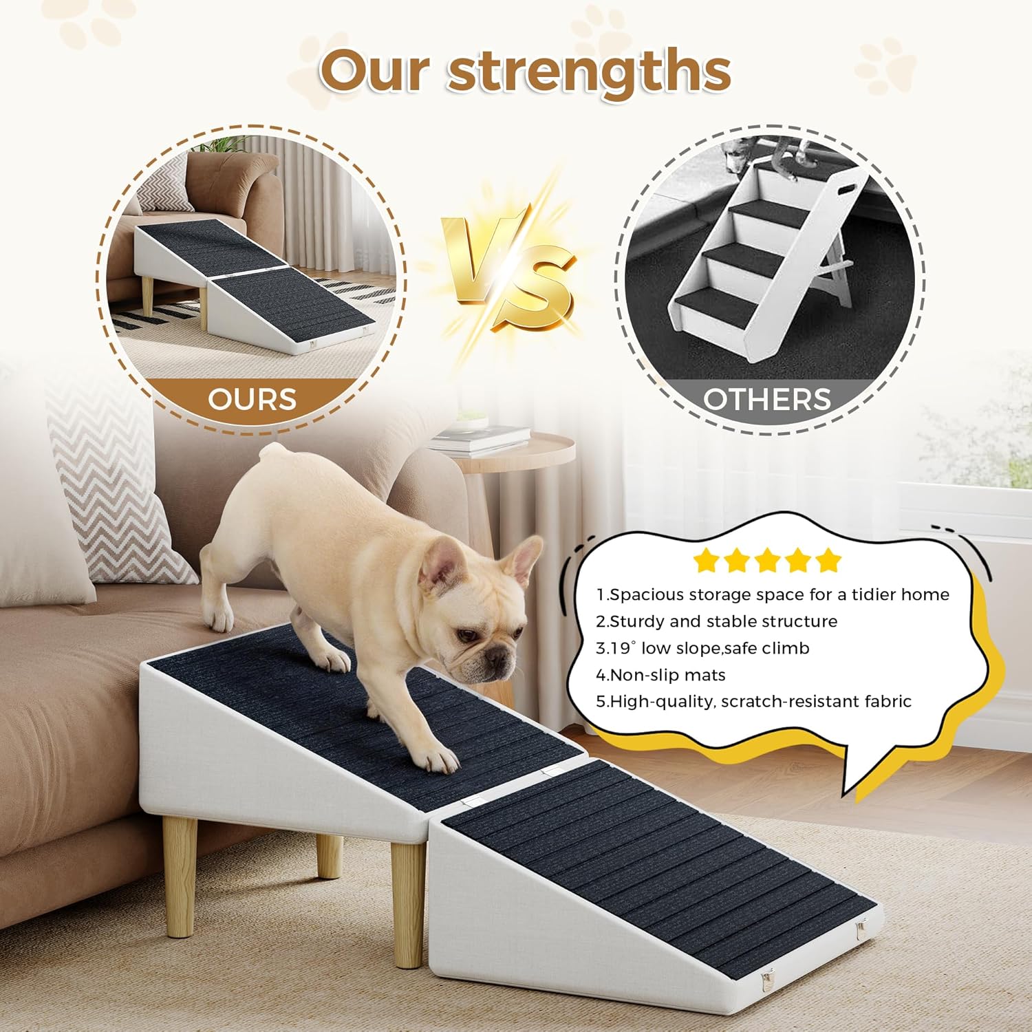 3-in-1 Dog Ramp Pet Stairs 18.9"x17.72"x19.29" with Hidden Storage Ottoman, Anti-Slip Steps for Small, Medium, Large, Senior & Injured Pets, 220LBS for Bed & Sofa, Beige