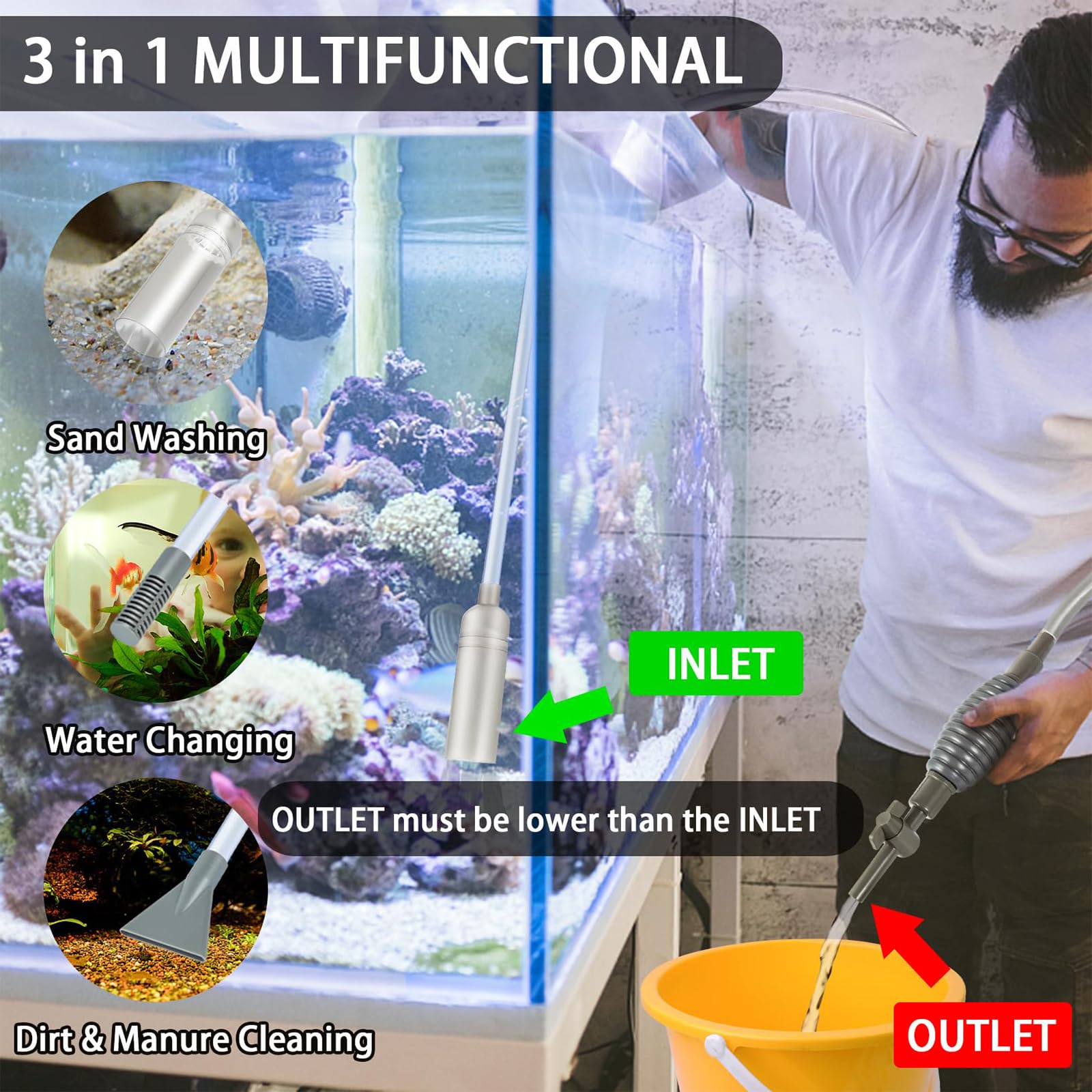 Mulmsauger Aquarium 1,7 m, odkurzacz do akwarium, mit Handpumpe, syfonator próżniowy z syfonem i żwirem, środek czyszczący, akcesoria do konserwacji