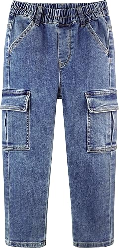 KIDSCOOL SPACE Girls Slim Cargo Jeans,Elastic Waist Accordion Style Pockets with