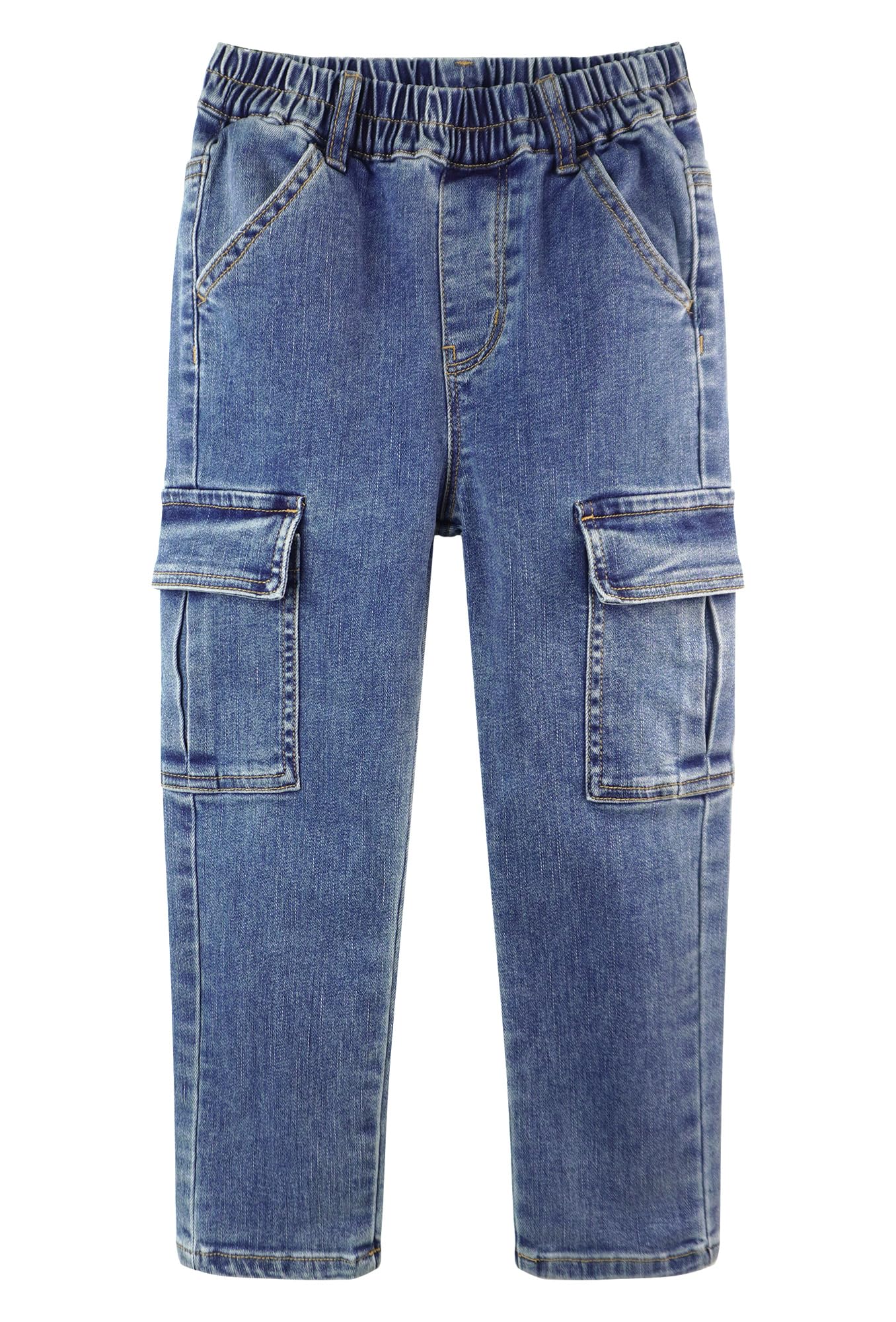 KIDSCOOL SPACE Jeans pour garçons, Taille élastique pour Petites et Grandes Filles, Pantalon Cargo en Denim extensible avec anneau en D