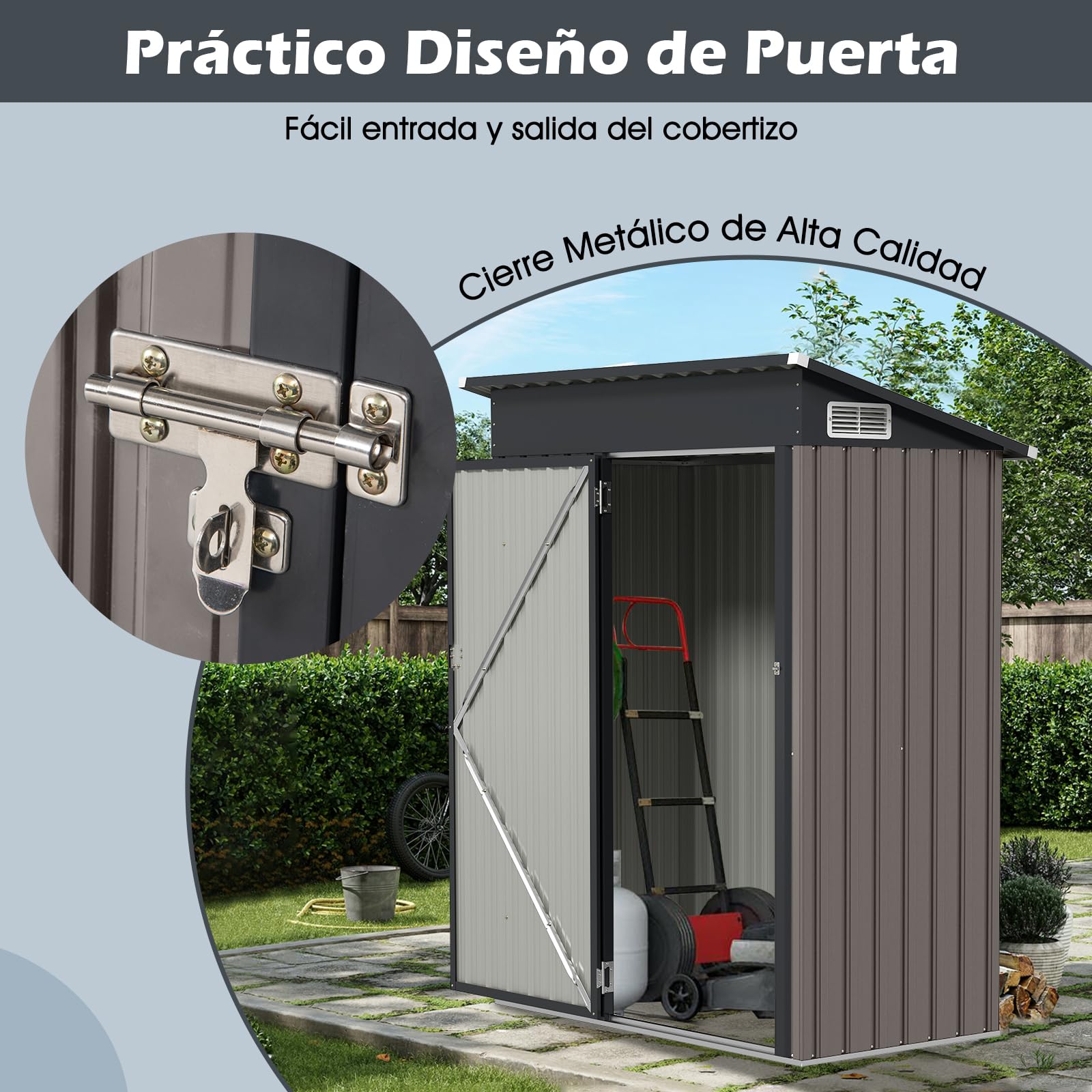 COSTWAY Caseta Jardin Exterior 1,5 m³, 150 x 90,5 x 185 cm, Cobertizo de Almacenamiento, Casa de Herramientas con Diseño de Techo Inclinado, Estructura de Metal Galvanizado (Gris Claro)
