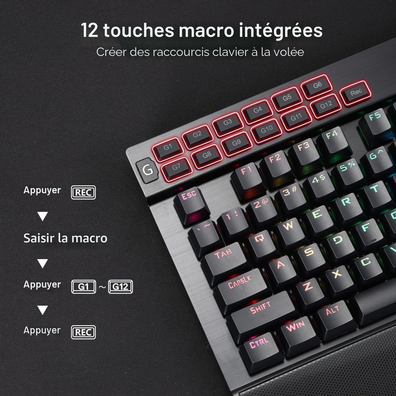 Redragon Clavier de jeu K550 RVB, 104 touches + 12 macro G, clavier mécanique filaire, interrupteur violet cliqué, port USB supplémentaire, repose-poignet