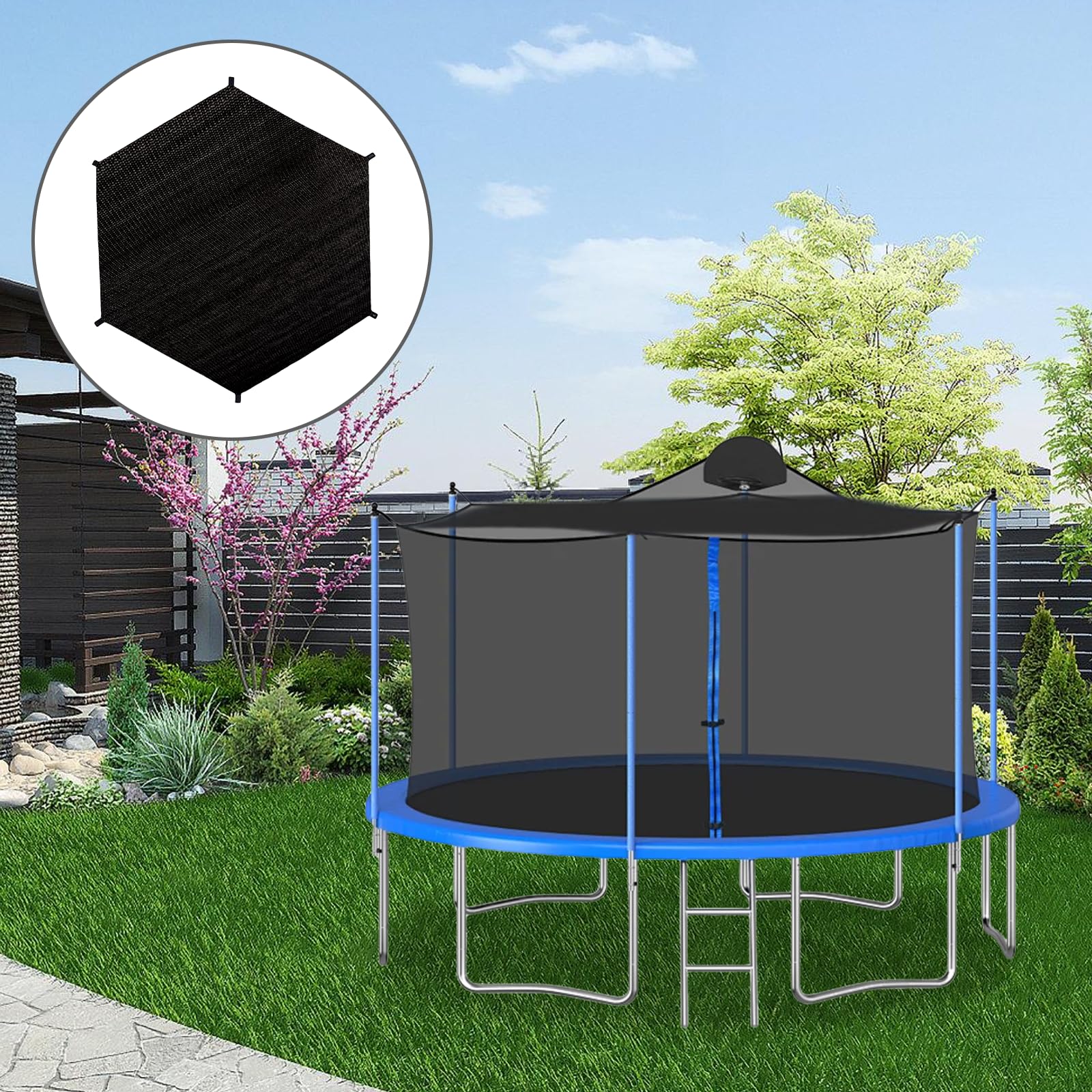 Trampolin Sonnenschutz Abdeckung: Ø 244cm Trampolin Überdachung Abdeckung für 6-Stangen-Trampolin, Schwarz Trampolin Sonnenschutznetz UV-Beständige, Trampolin Zubehör Sonnensegel Trampolin