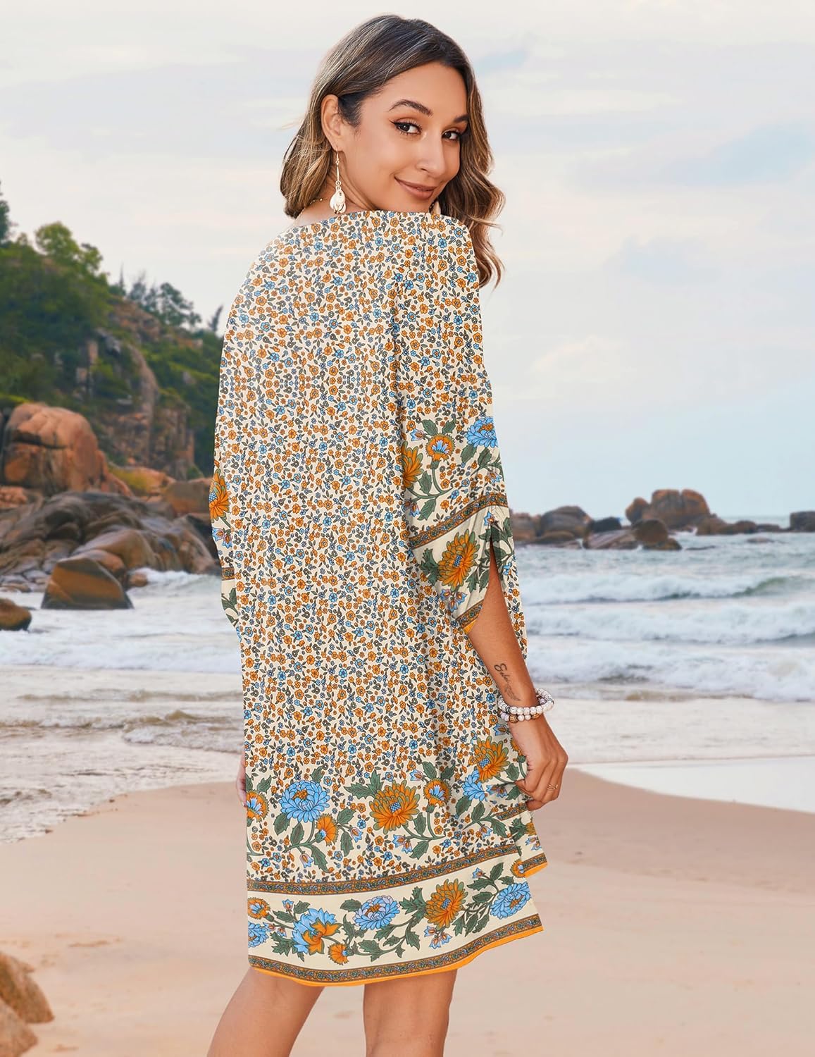 Zeagoo Womens Boho Dresses Casual Beach Summer Dress Tassel Tie Neck 3/4 Long Sleeve Mini Sundress 2026 Floral Print Cover Up - Image 6