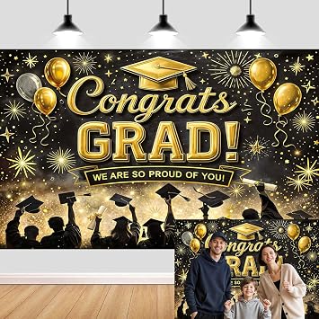 20X10ft Congrats Grad Graduation Backdrop, Black and Gold Graduation Party Decoration Backdrop, Class of 2026 Photography Background, We are So Proud of You Photo Booth Prop for Graduation Ceremony