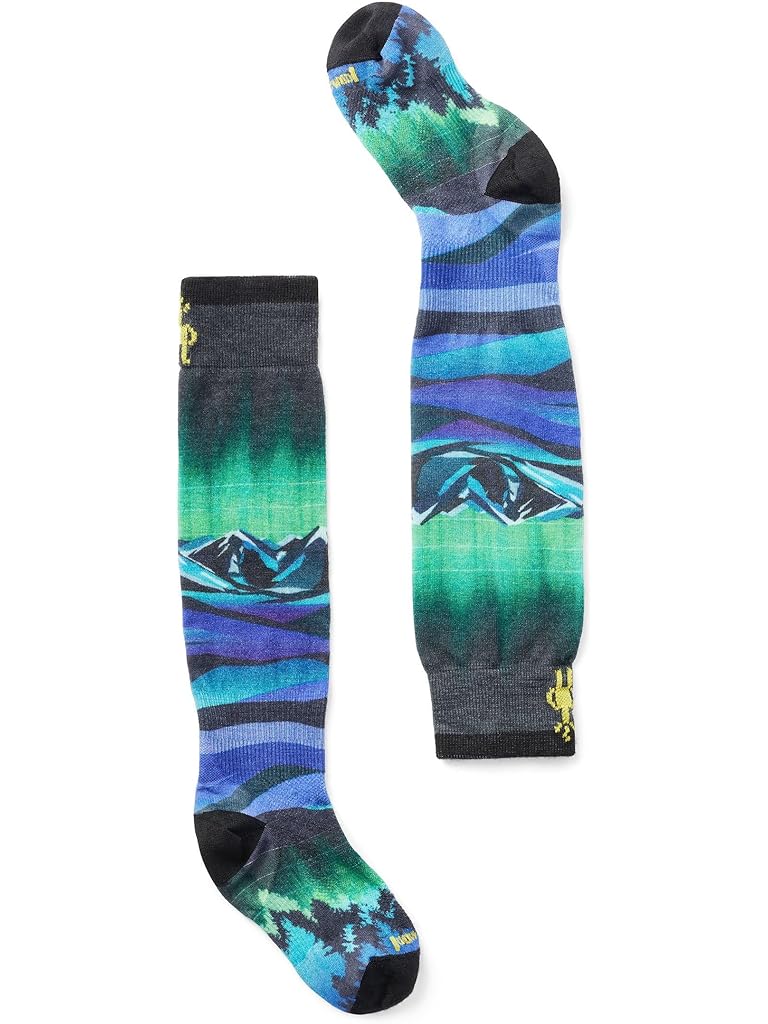 Black Smartwool Ski Zero Cushion Aurora Flash Print Over The Calf Socks (Little Kid/Big Kid)