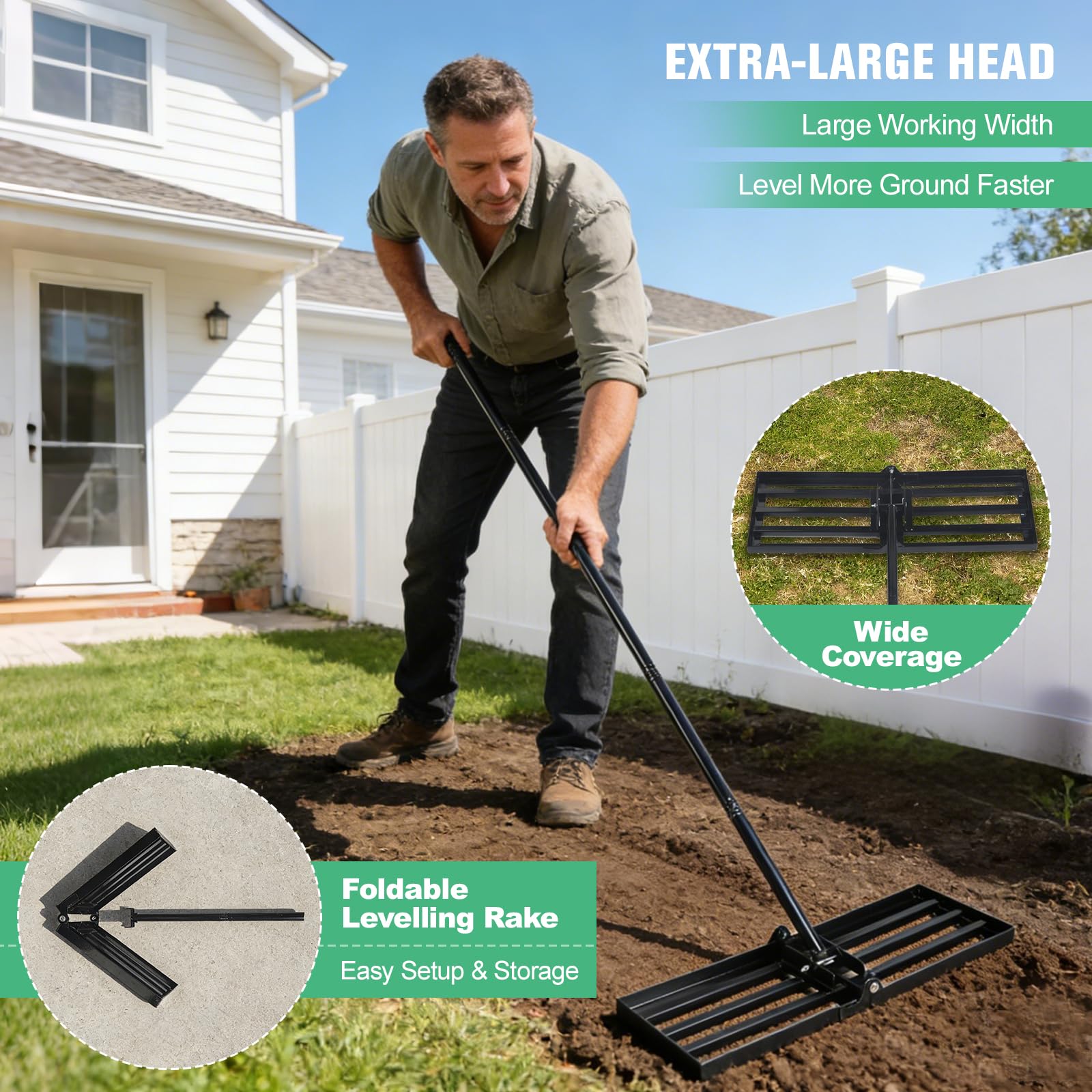 Rastrello 2 in 1 con manico regolabile (81 – 213 cm) e testa pieghevole – Attrezzo da giardino durevole in ferro per livellare terreno, sabbia e terriccio