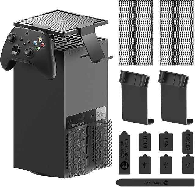 Dust Cover Controller Mount Compatible with Xbox Series X - 2 in 1 Game Accessories with Dust Filter Cover Compatible with XSX Console and 2 Holder Hanger Stand for Series X Controller & Game Headset